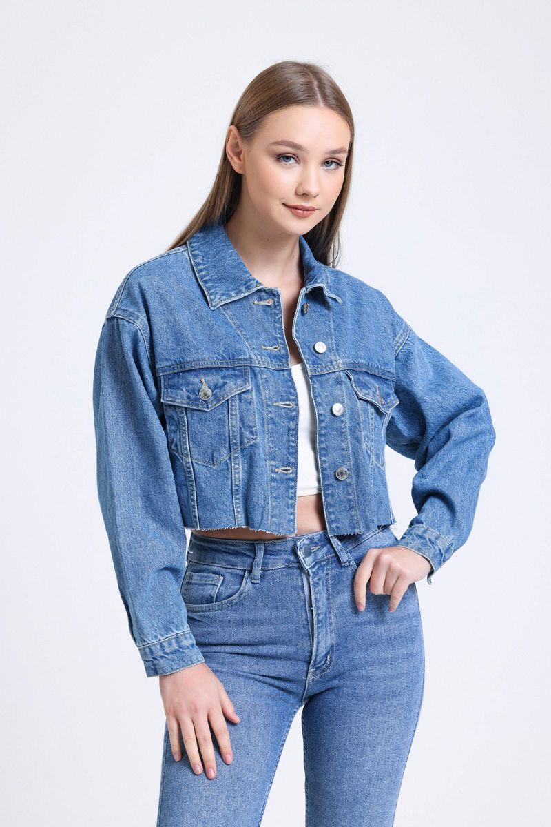 Hiccup - Denim Collar Pocket Cropped Jacket with a Seamless Hem