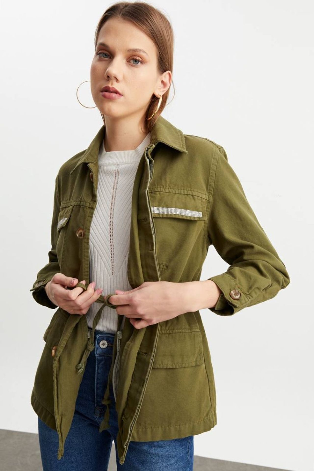 Denim Collar Pocket Drawstring Jacket