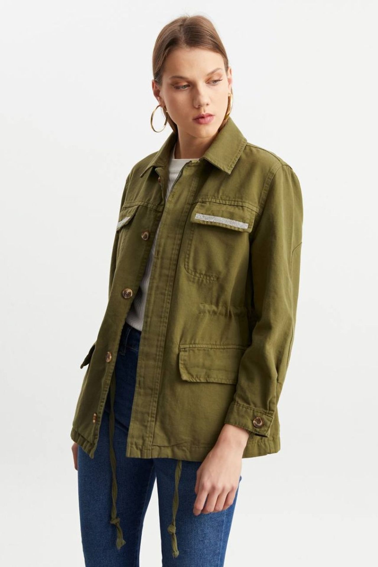 Denim Collar Pocket Drawstring Jacket