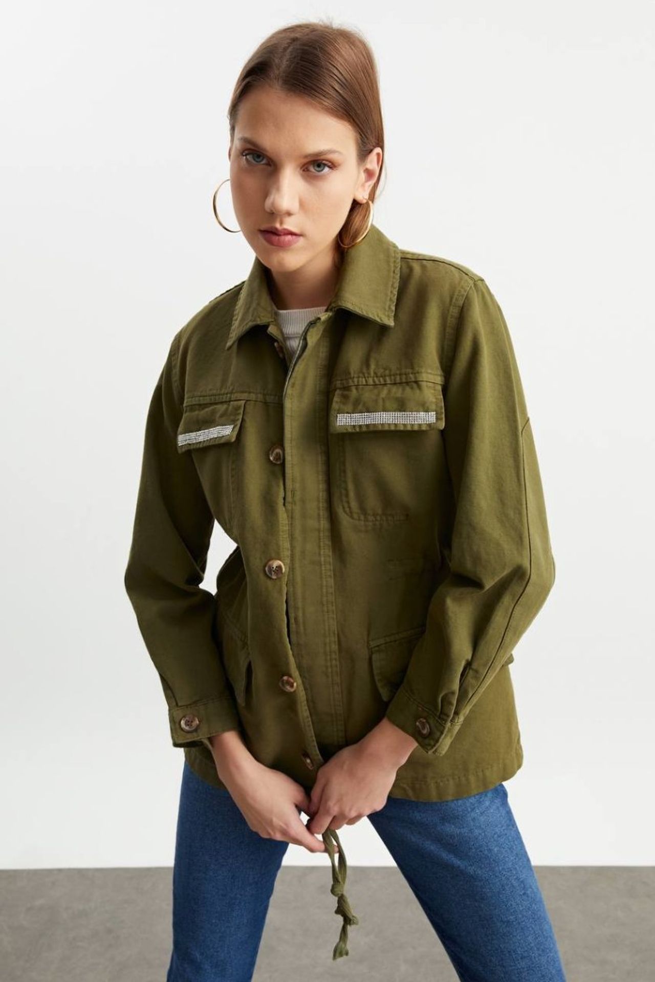 Denim Collar Pocket Drawstring Jacket