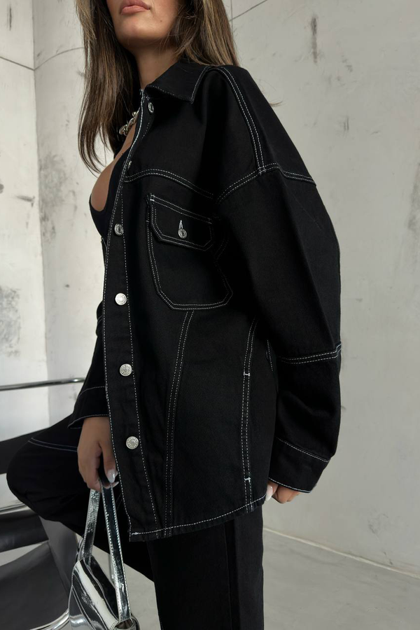 Denim Collar Oversized Jacket with a Stitch Details 1