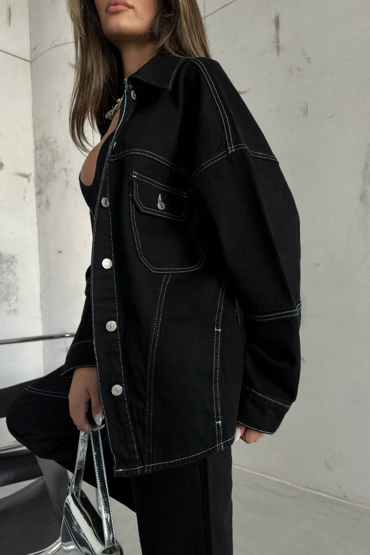 Denim Collar Oversized Jacket with a Stitch Details