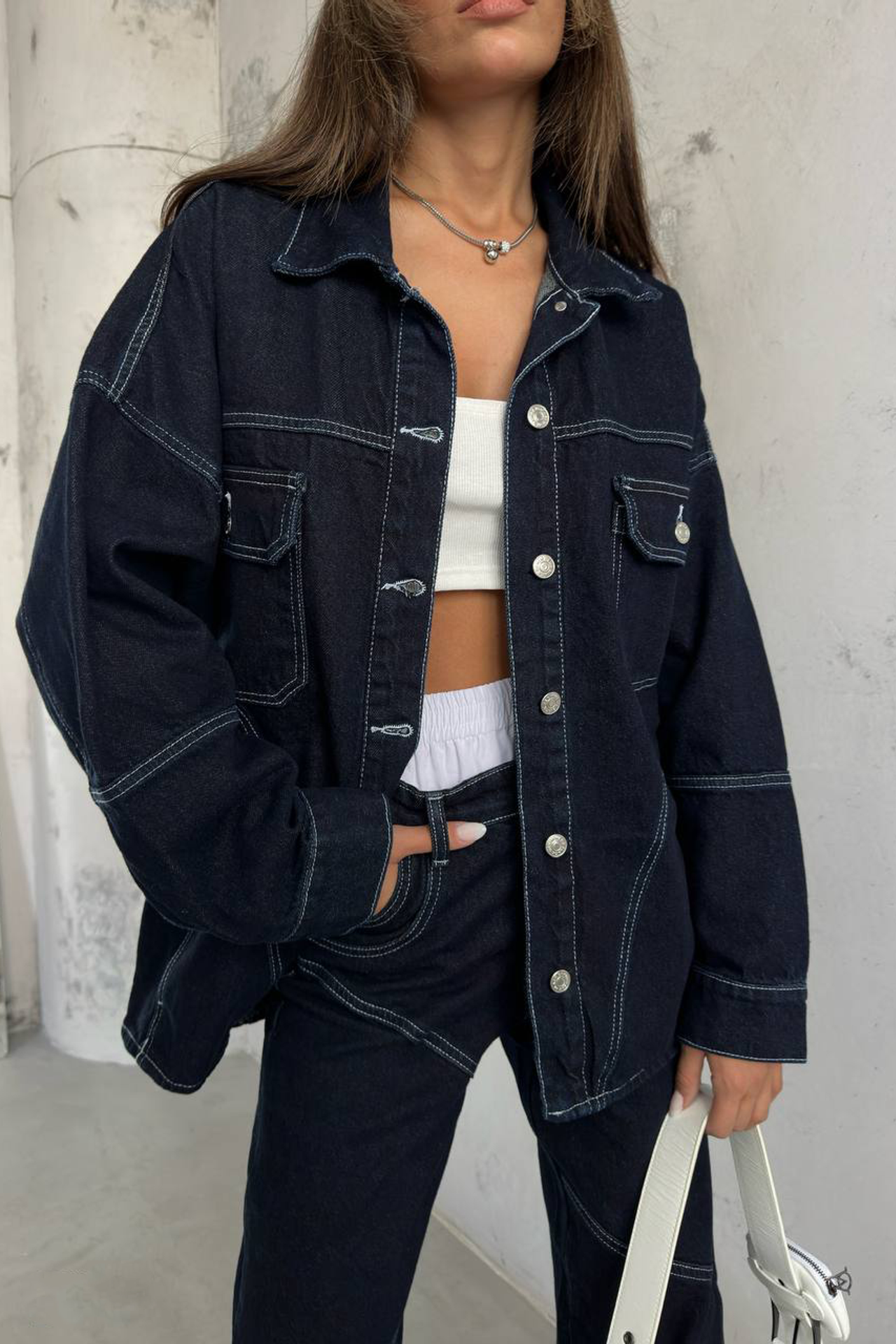 Denim Collar Oversized Jacket with a Stitch Details
