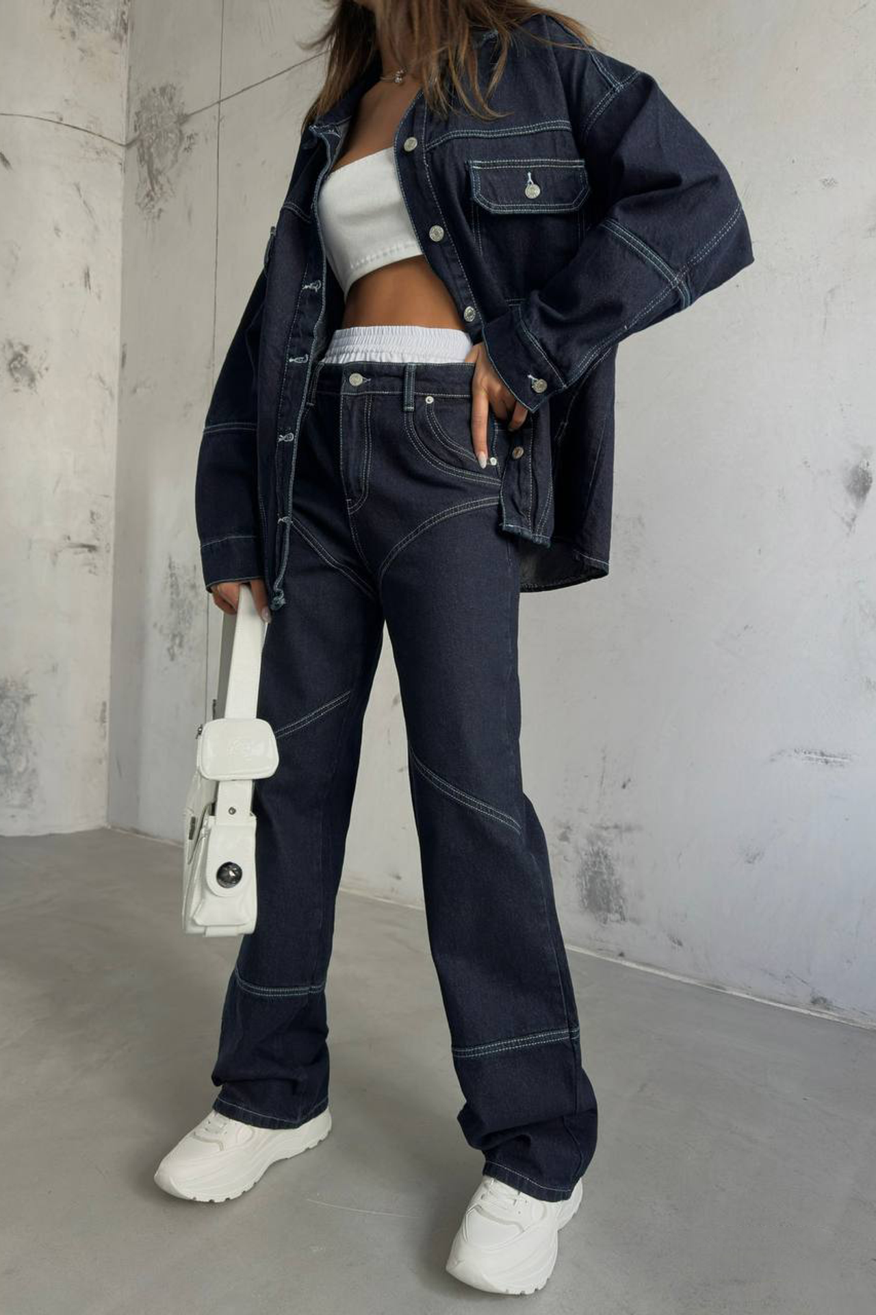 Denim Collar Oversized Jacket with a Stitch Details