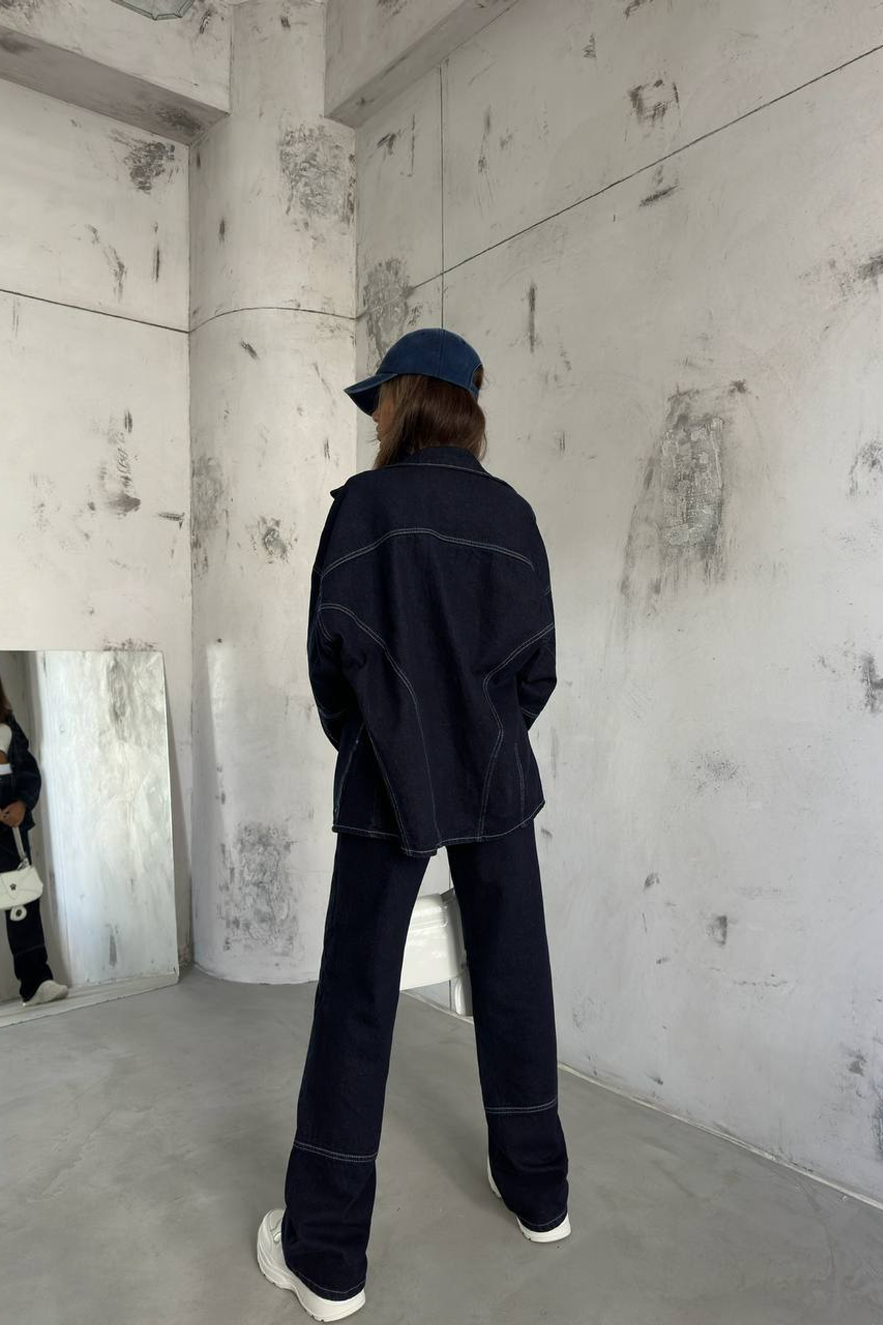 Denim Collar Oversized Jacket with a Stitch Details