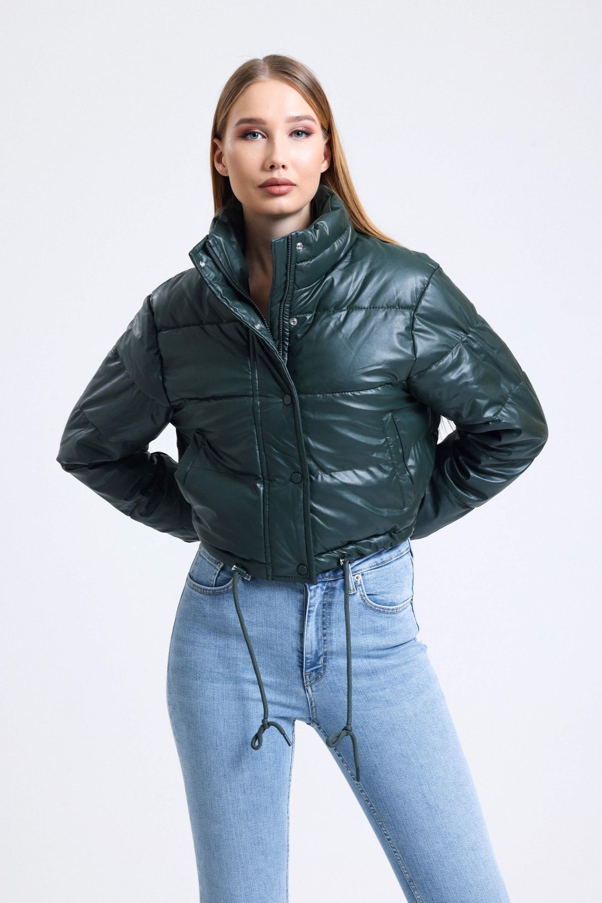 Faux Leather Stand Collar Drawstring Cropped Puffer Jacket
