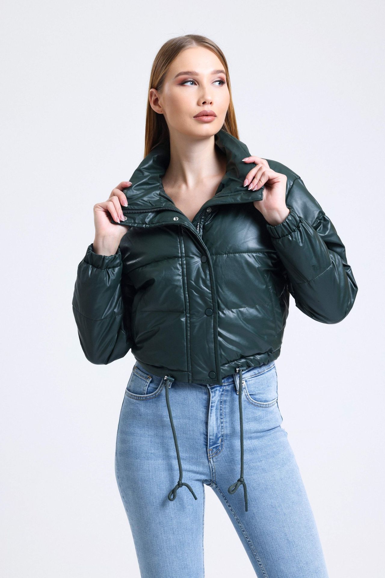 Faux Leather Stand Collar Drawstring Cropped Puffer Jacket