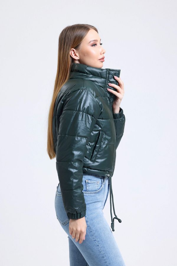 Faux Leather Stand Collar Drawstring Cropped Puffer Jacket 3