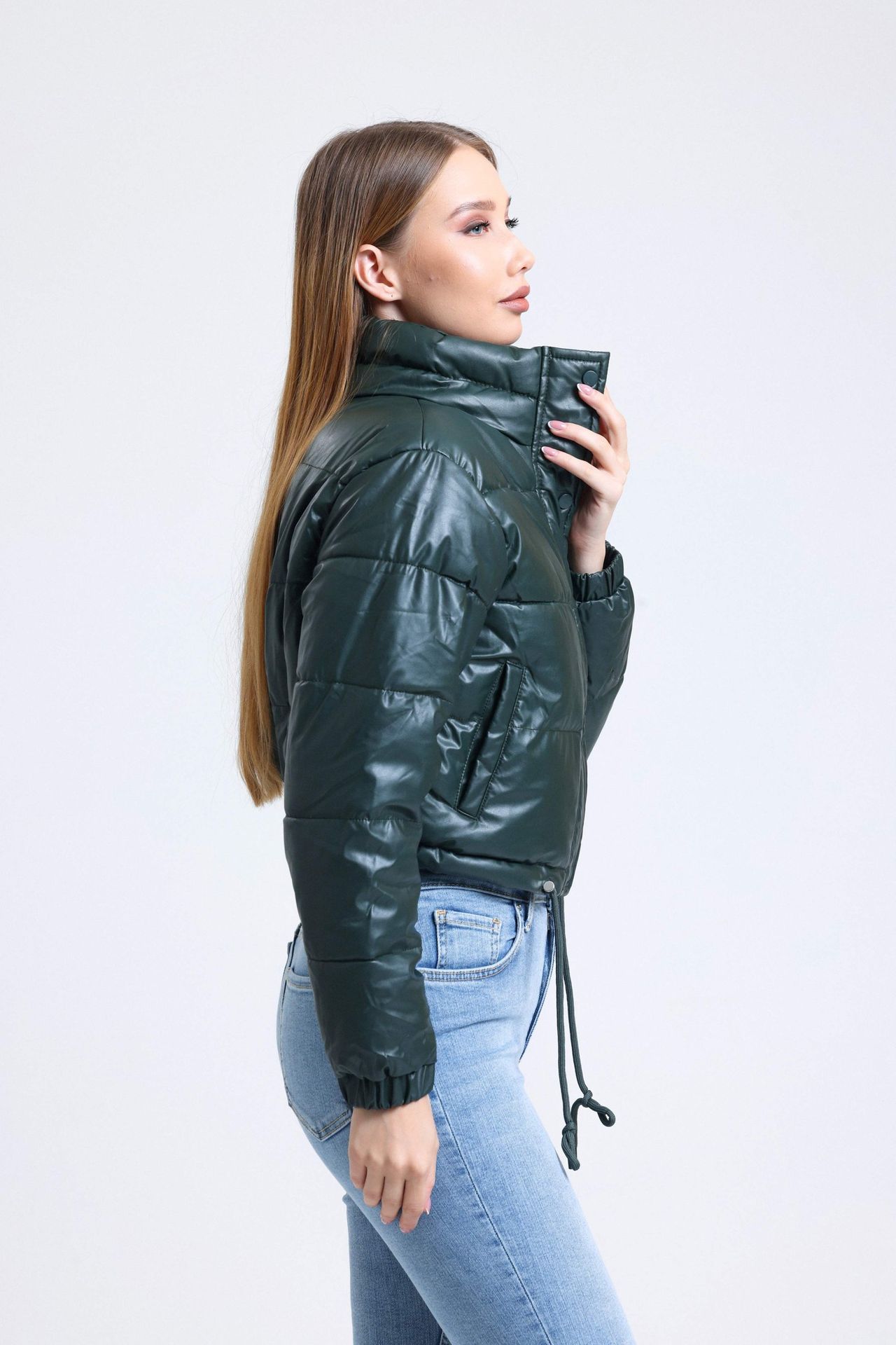 Faux Leather Stand Collar Drawstring Cropped Puffer Jacket