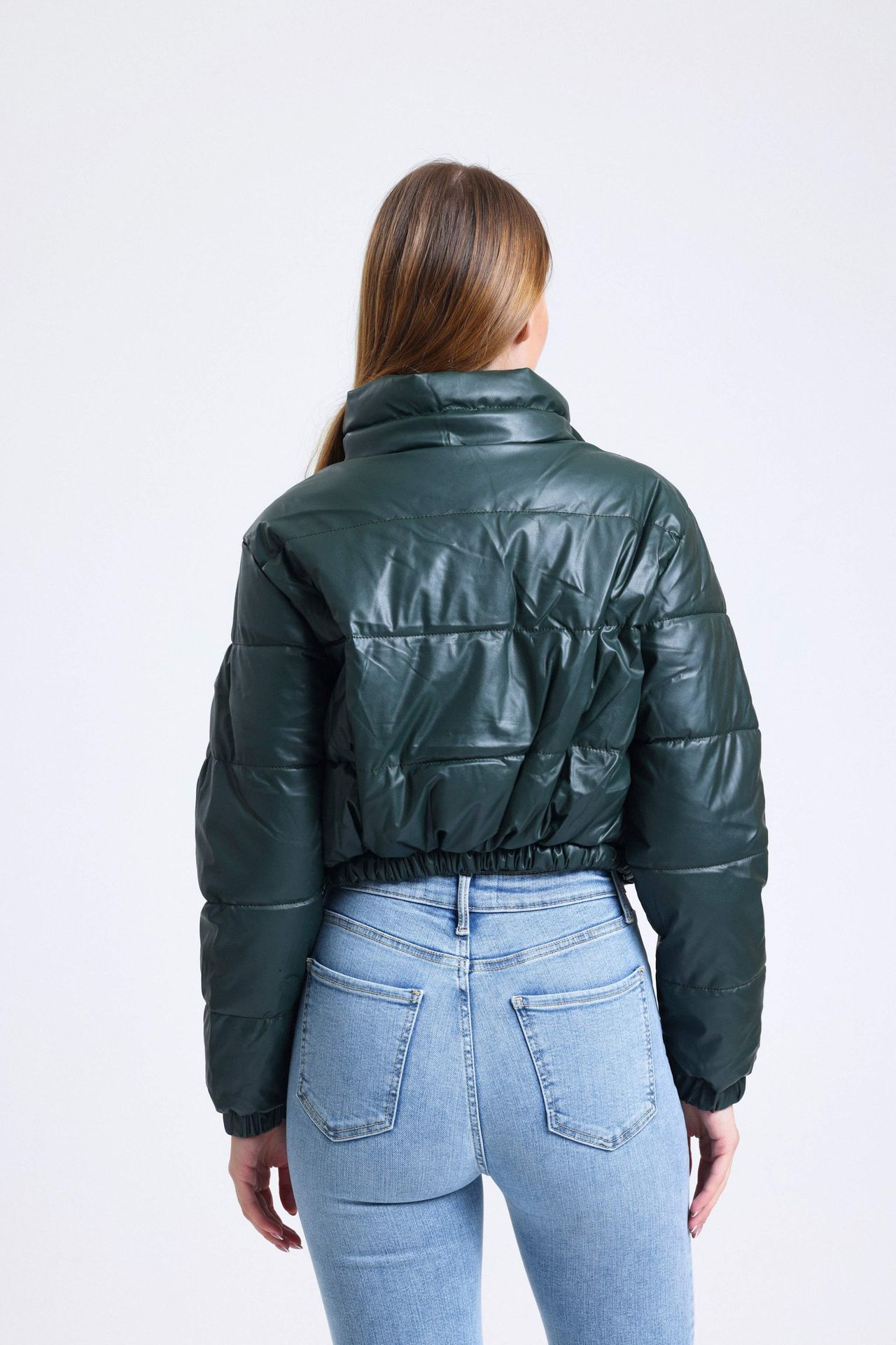 Faux Leather Stand Collar Drawstring Cropped Puffer Jacket