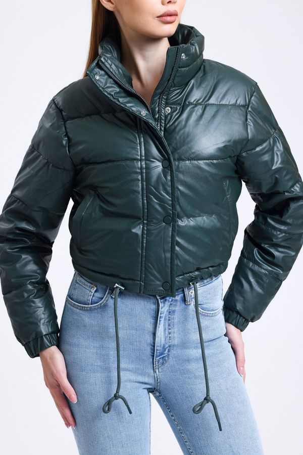 Faux Leather Stand Collar Drawstring Cropped Puffer Jacket 5
