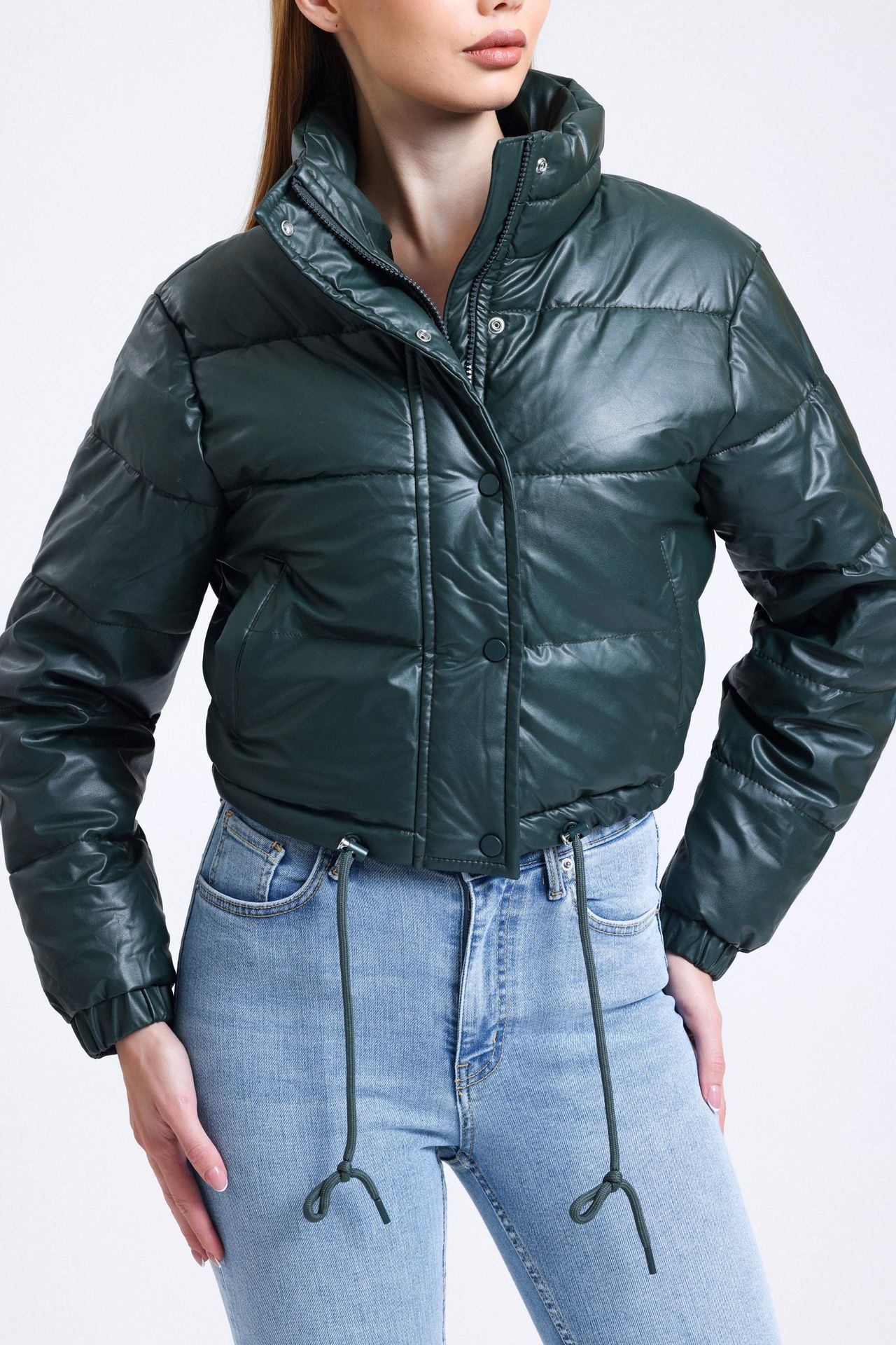 Faux Leather Stand Collar Drawstring Cropped Puffer Jacket