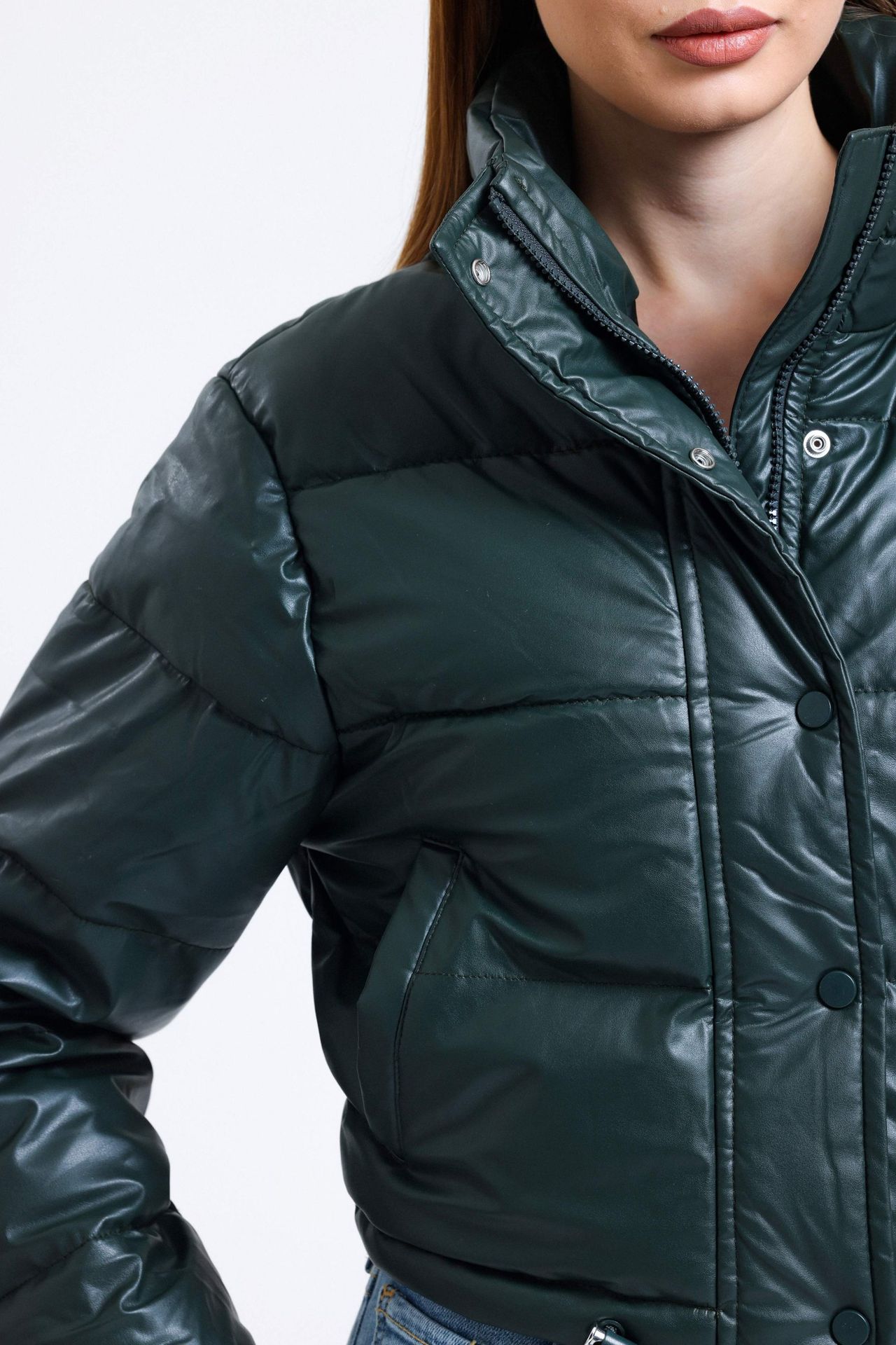 Faux Leather Stand Collar Drawstring Cropped Puffer Jacket