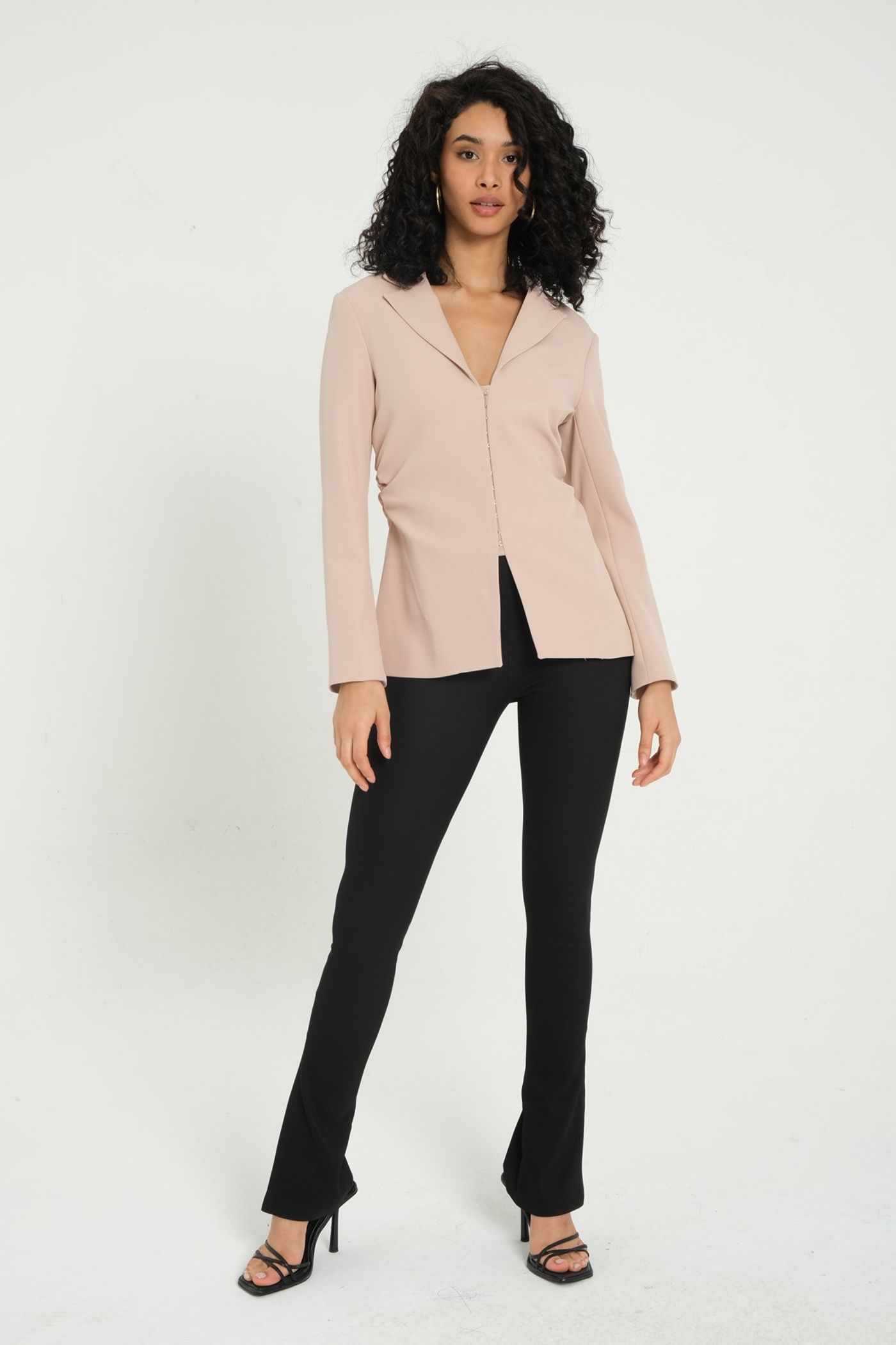 Collar Ruched Blazer with a Front Slit