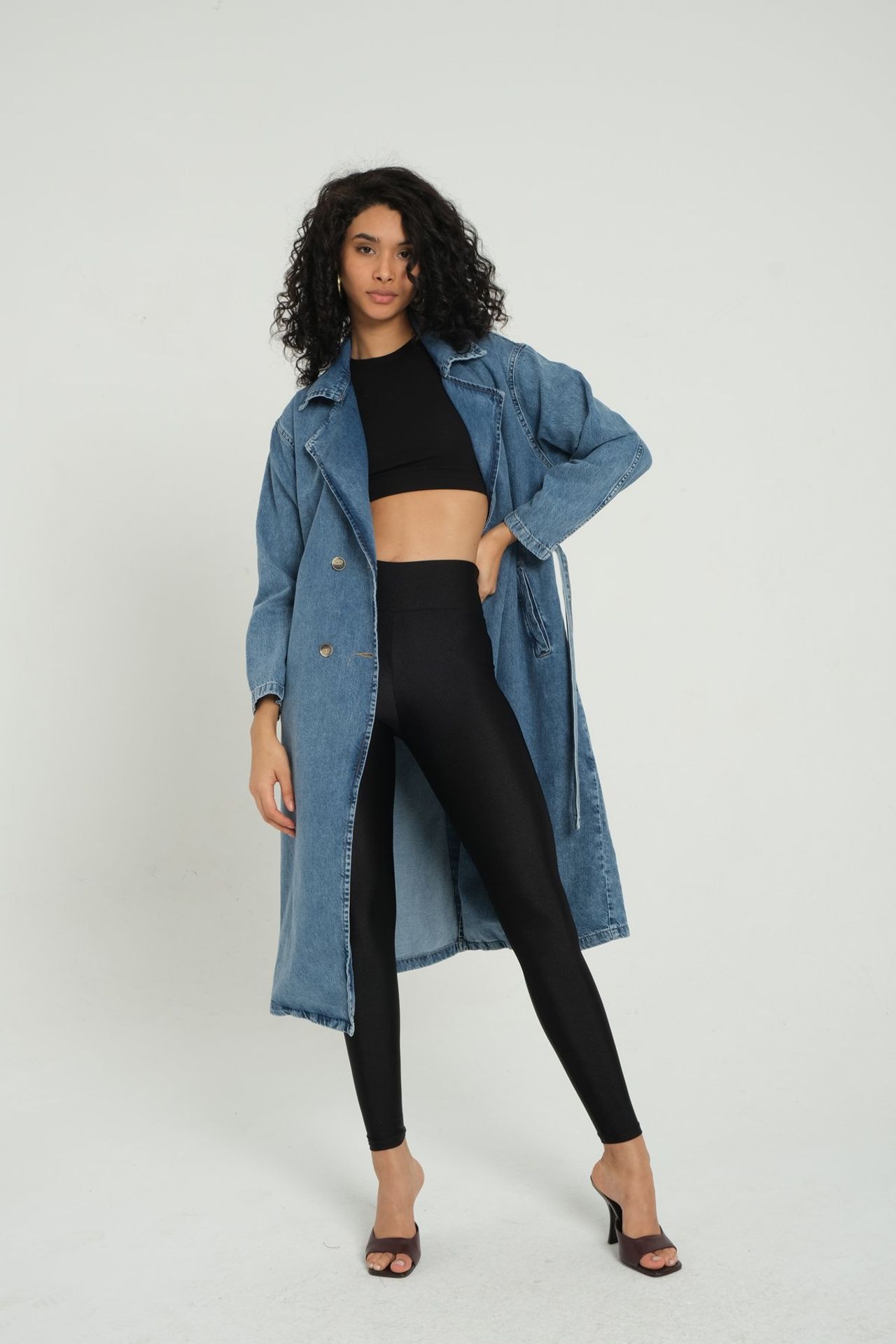 Denim Collar Buttoned Trenchcoat with a Belt