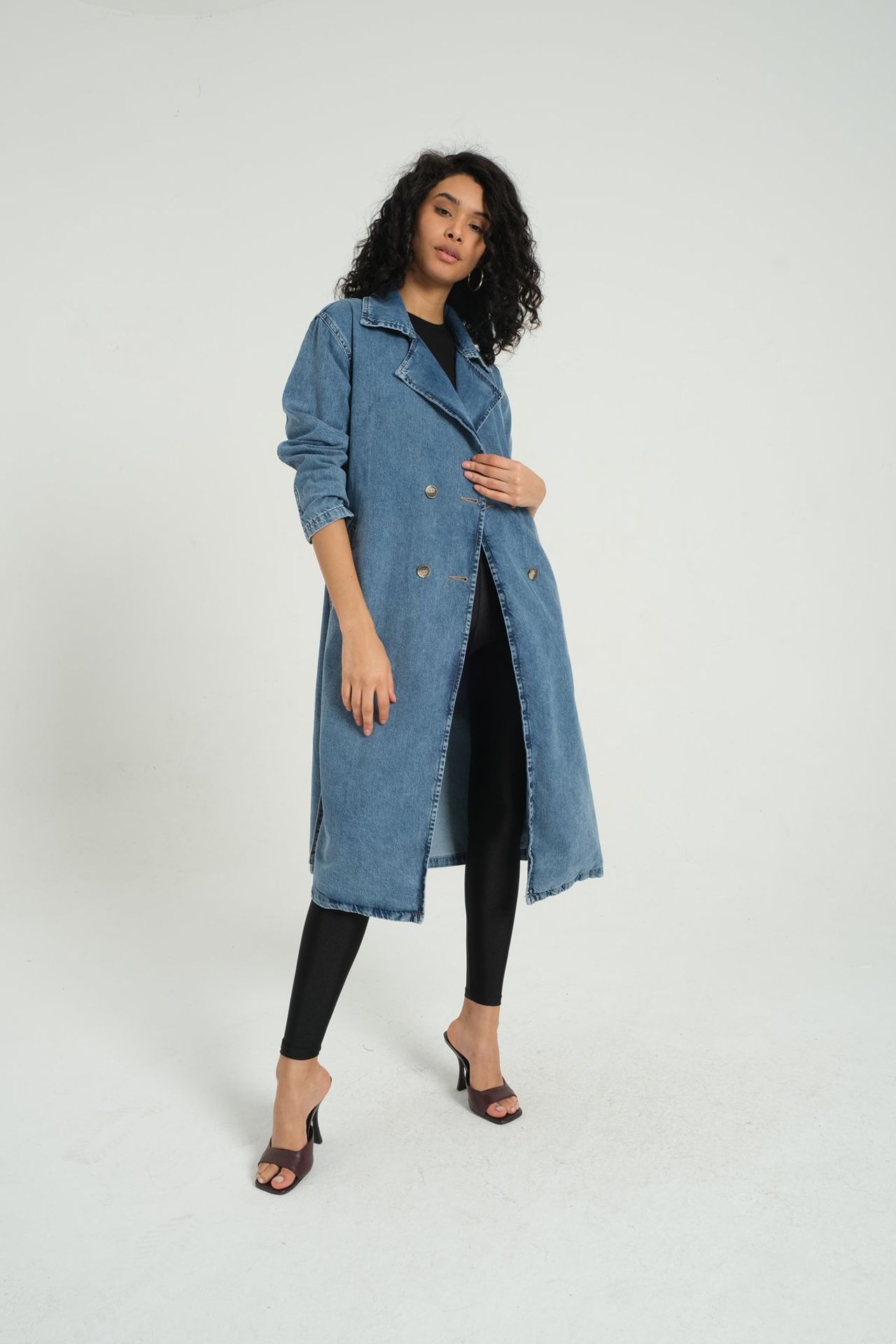 Denim Collar Buttoned Trenchcoat with a Belt