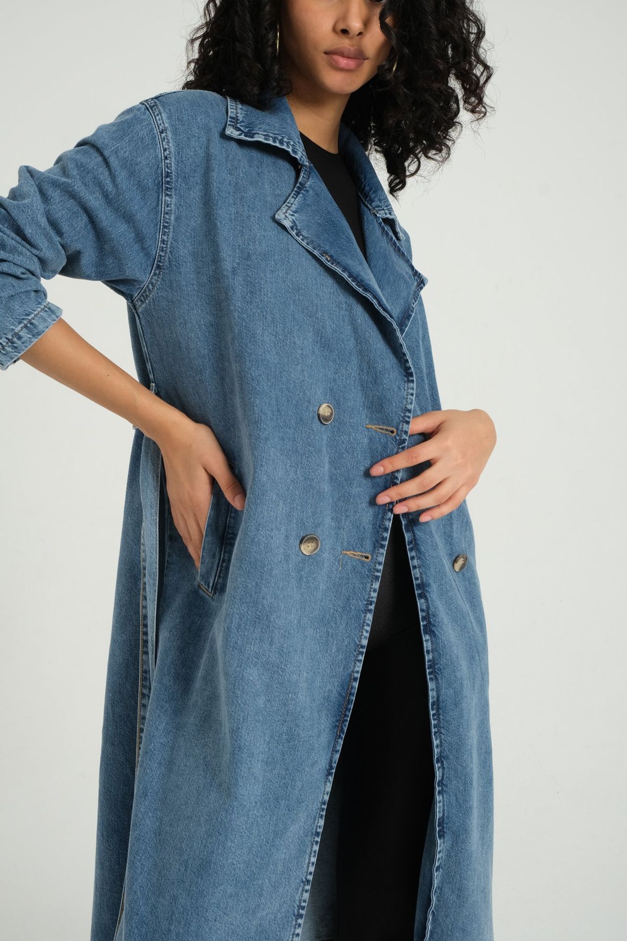 Denim Collar Buttoned Trenchcoat with a Belt