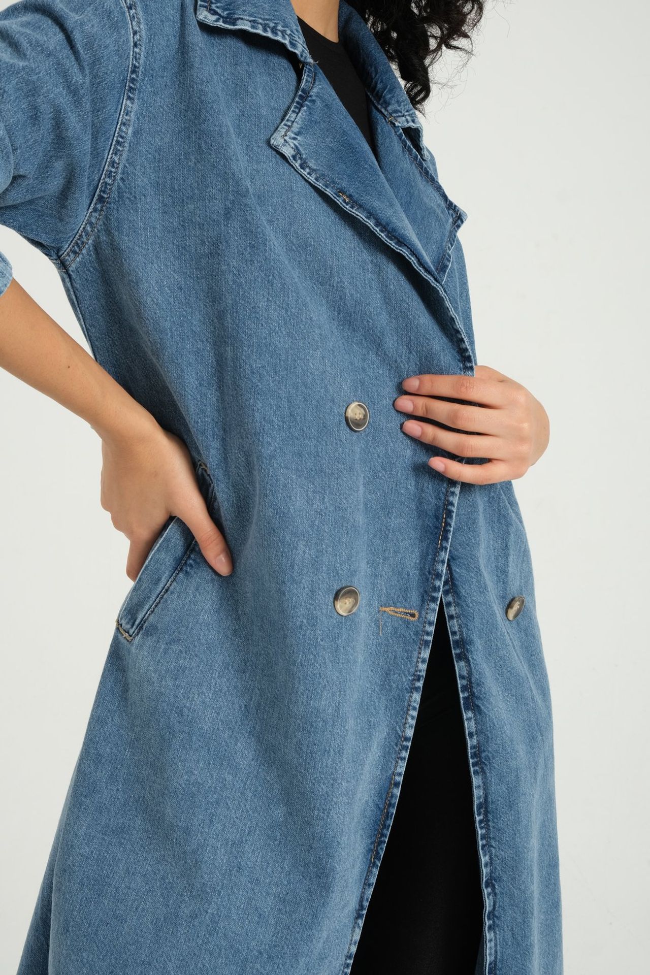 Denim Collar Buttoned Trenchcoat with a Belt