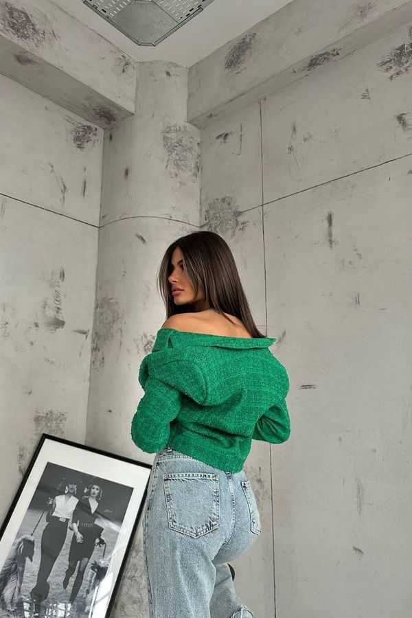 Tweed Collar Buttoned Cropped Blazer 3