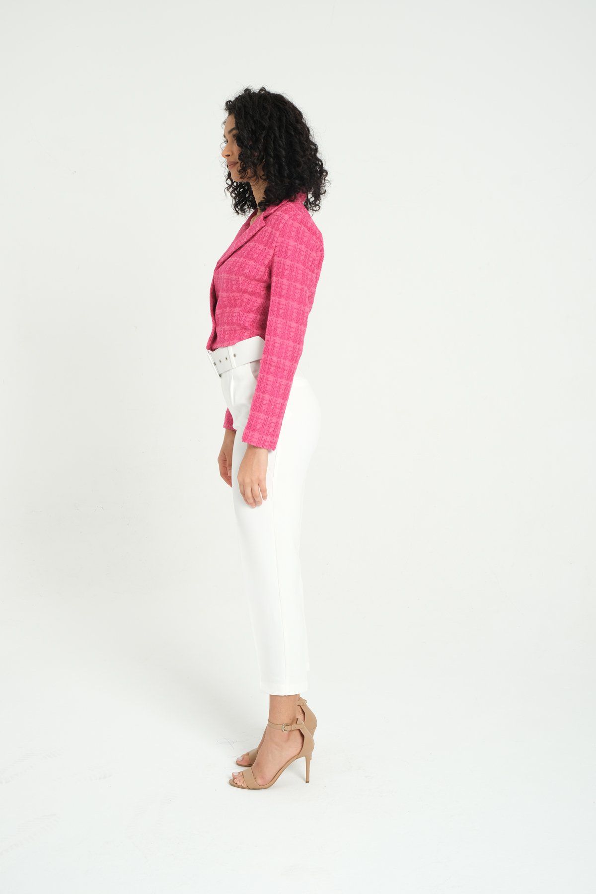 Tweed Collar Buttoned Cropped Blazer