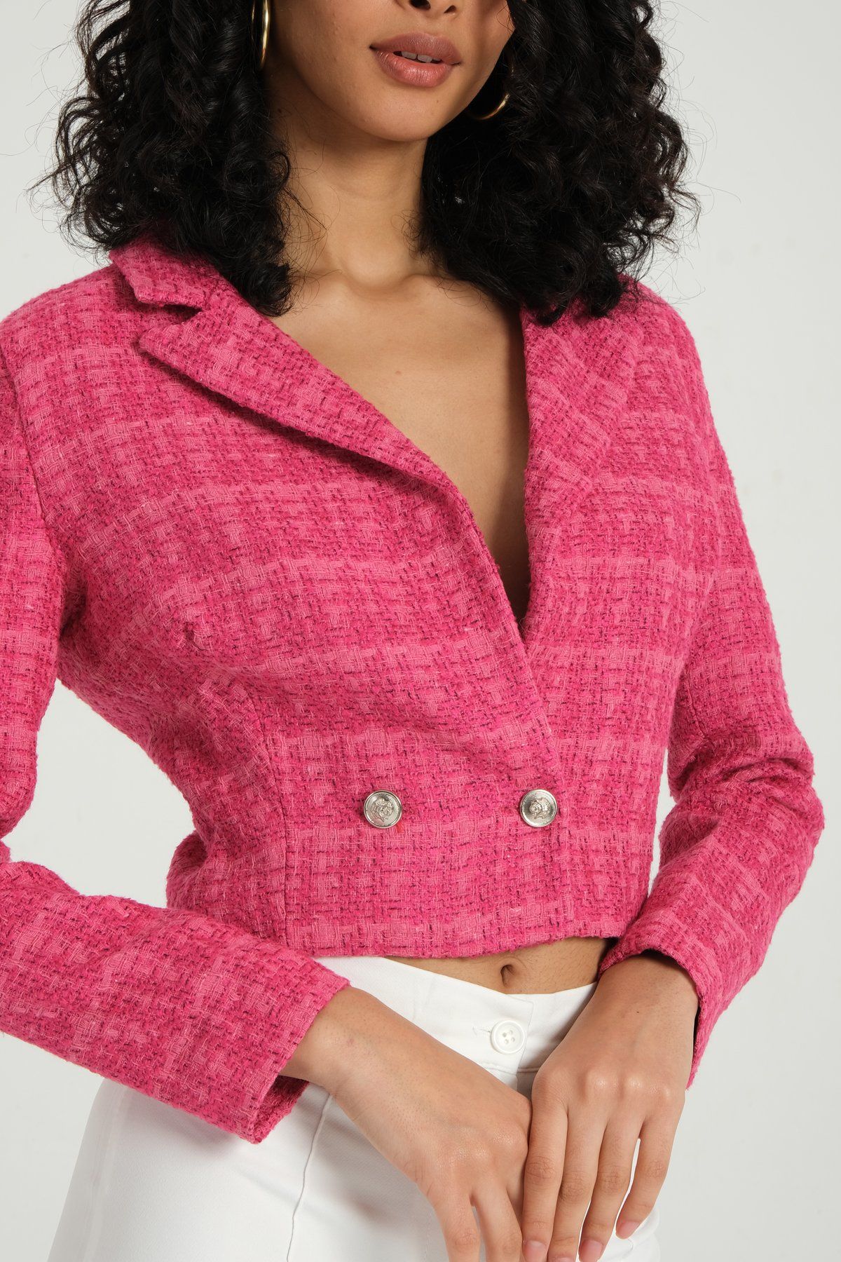 Tweed Collar Buttoned Cropped Blazer