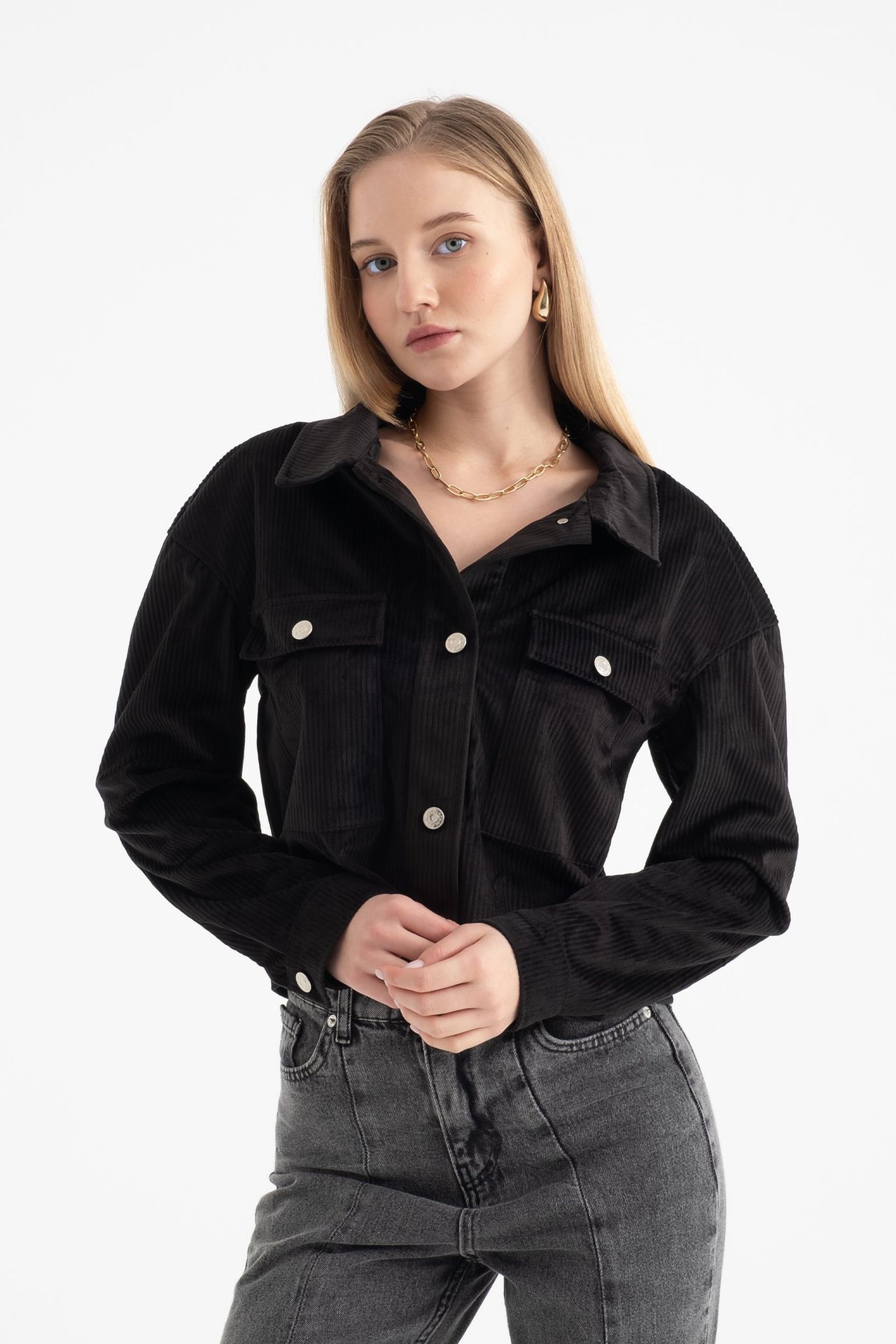 Corduroy Polo Collar Buttoned Pocket Jacket