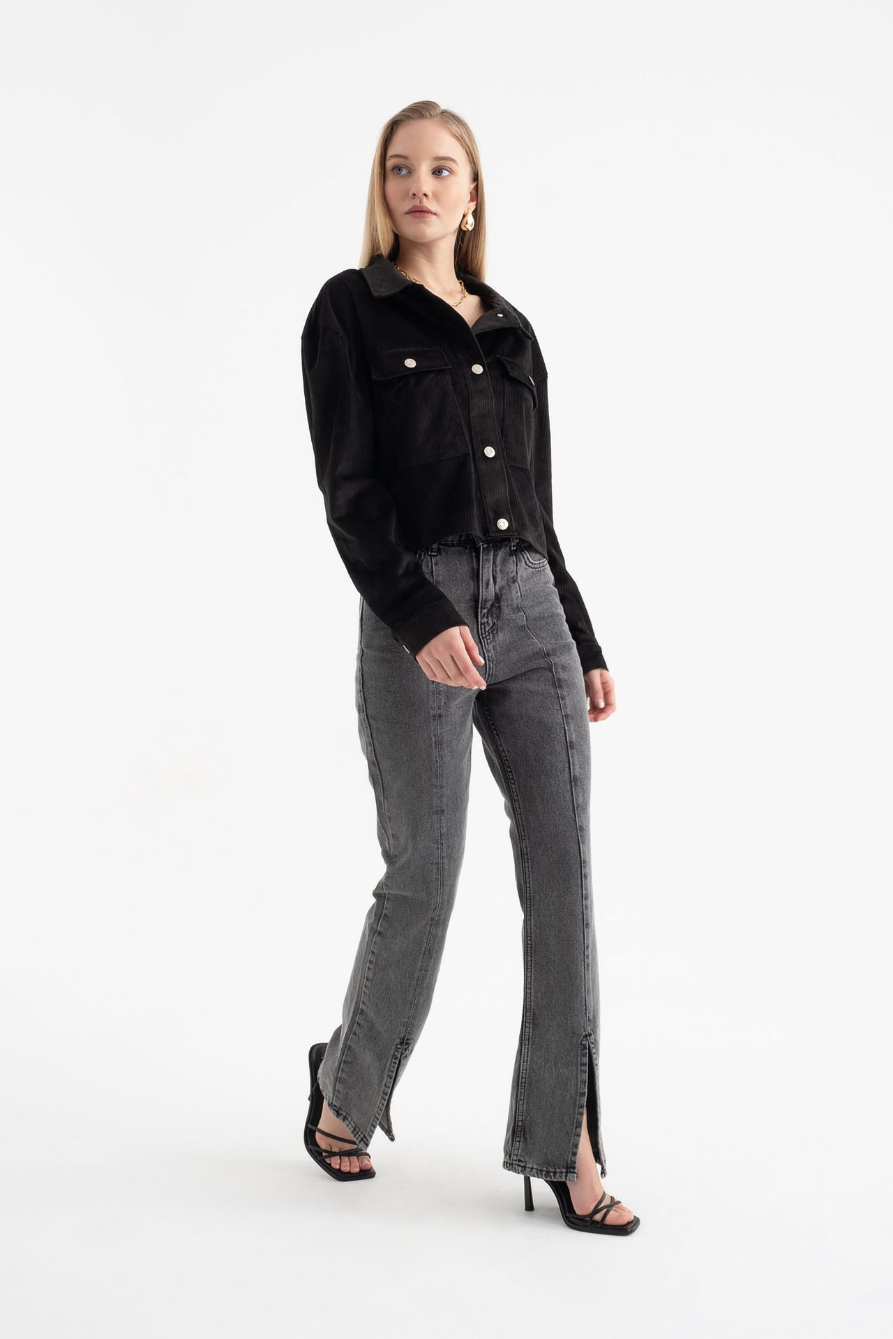 Corduroy Polo Collar Buttoned Pocket Jacket