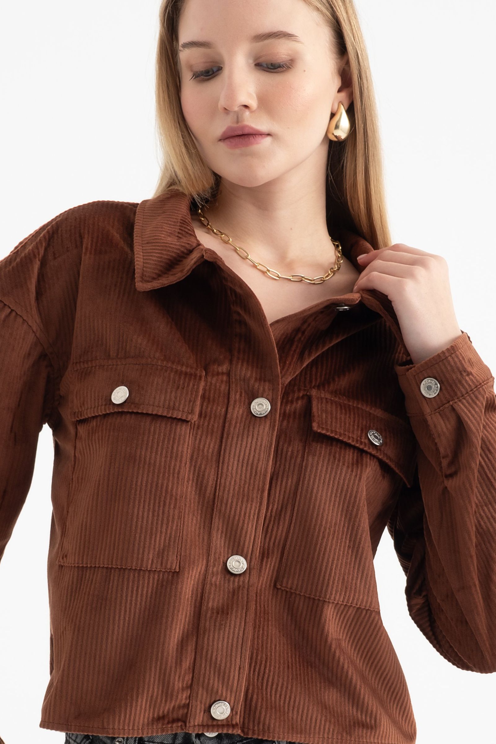 Corduroy Polo Collar Buttoned Pocket Jacket