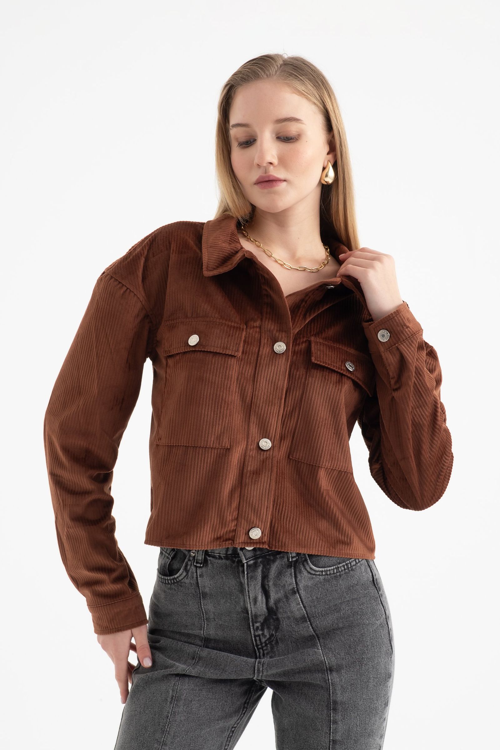 Corduroy Polo Collar Buttoned Pocket Jacket