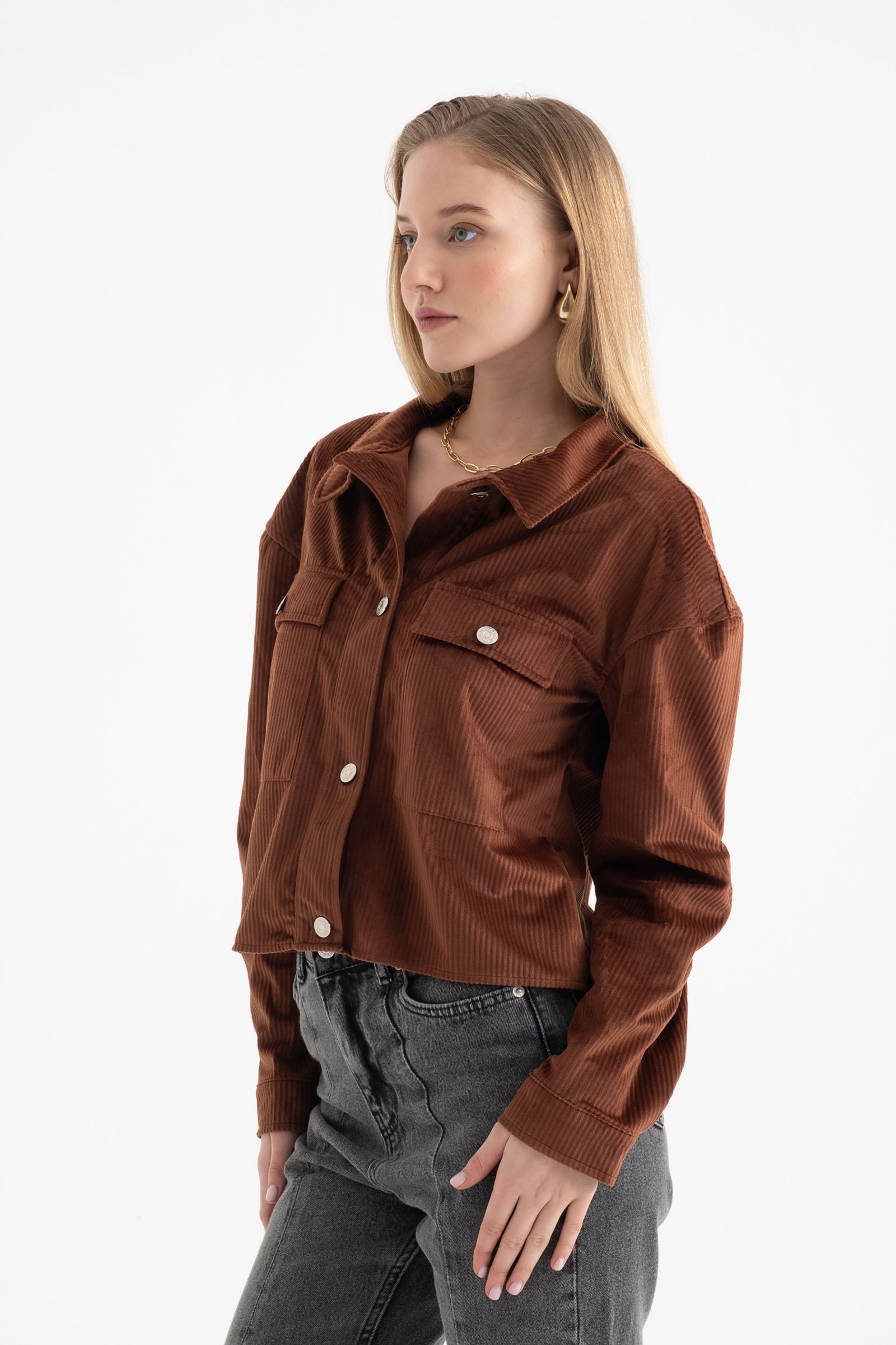 Corduroy Polo Collar Buttoned Pocket Jacket