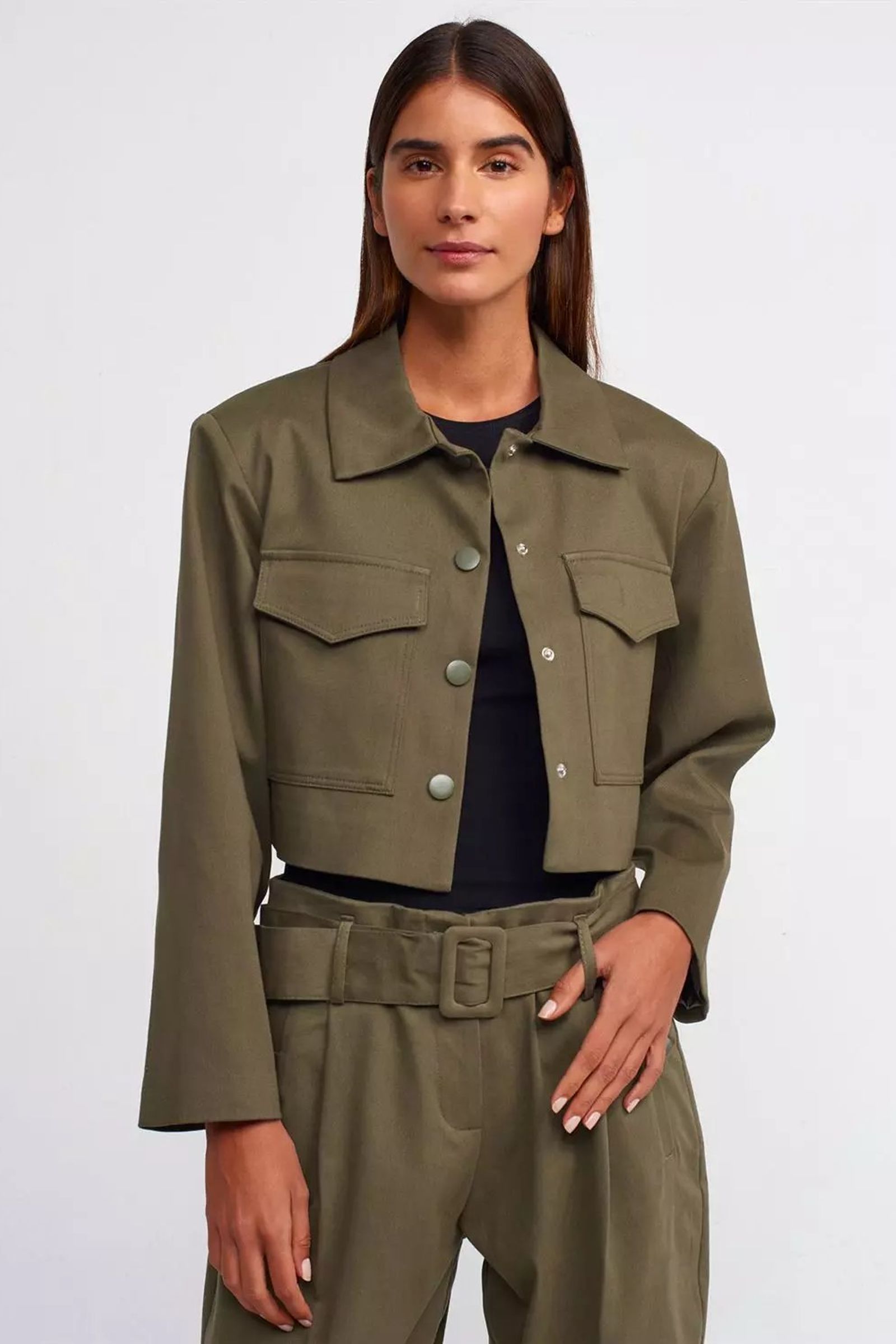 Paperbag Shirt Collar Pocket Cropped Jacket