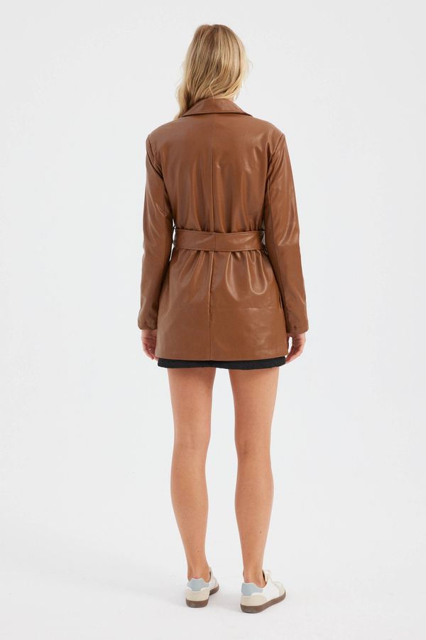 Short Faux Leather Belted Trench Coat 4