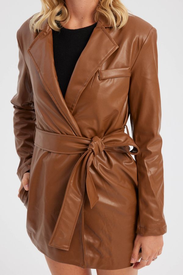 Short Faux Leather Belted Trench Coat 3