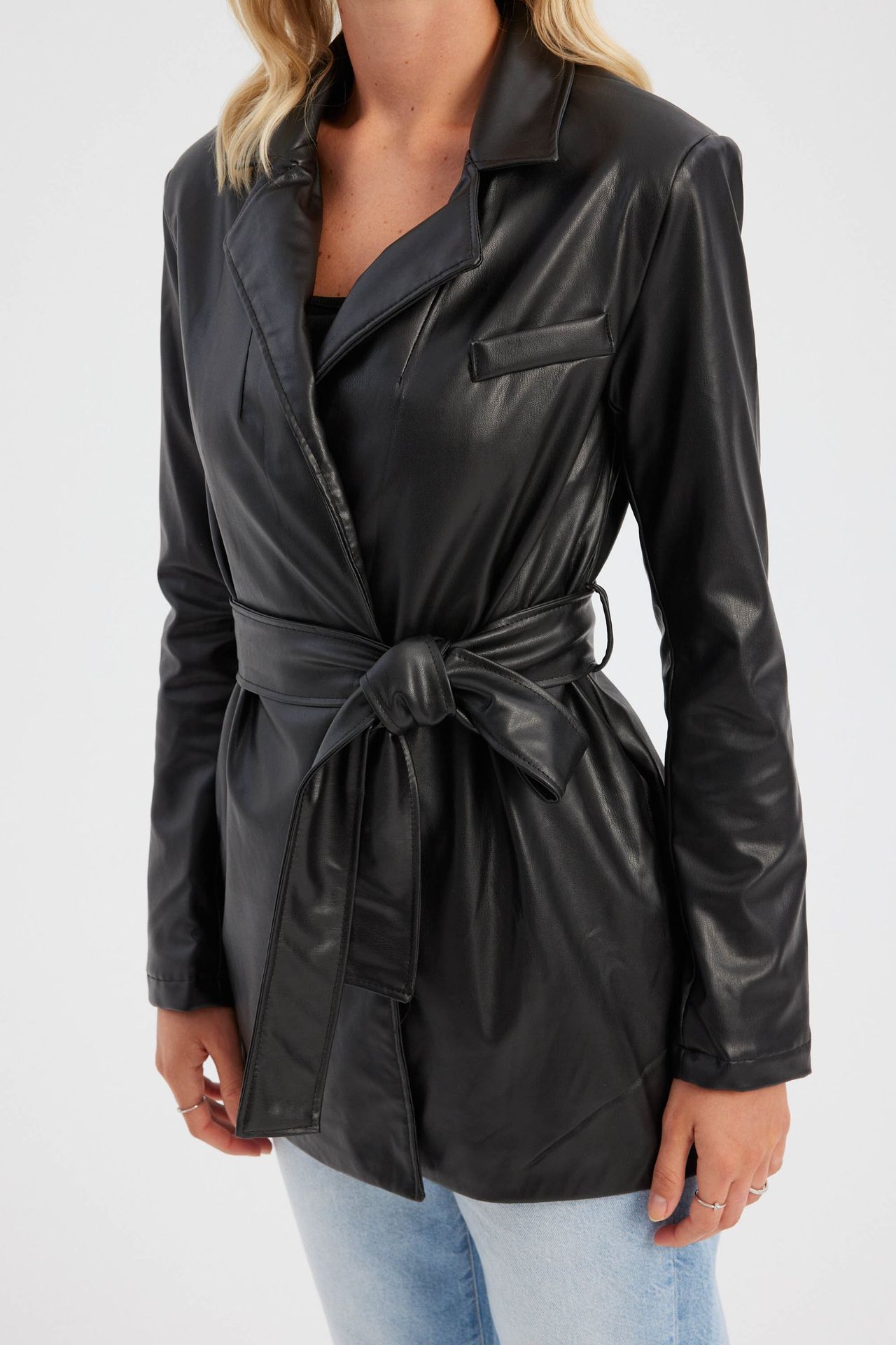 Faux Leather Long Jacket with a Belt Detail