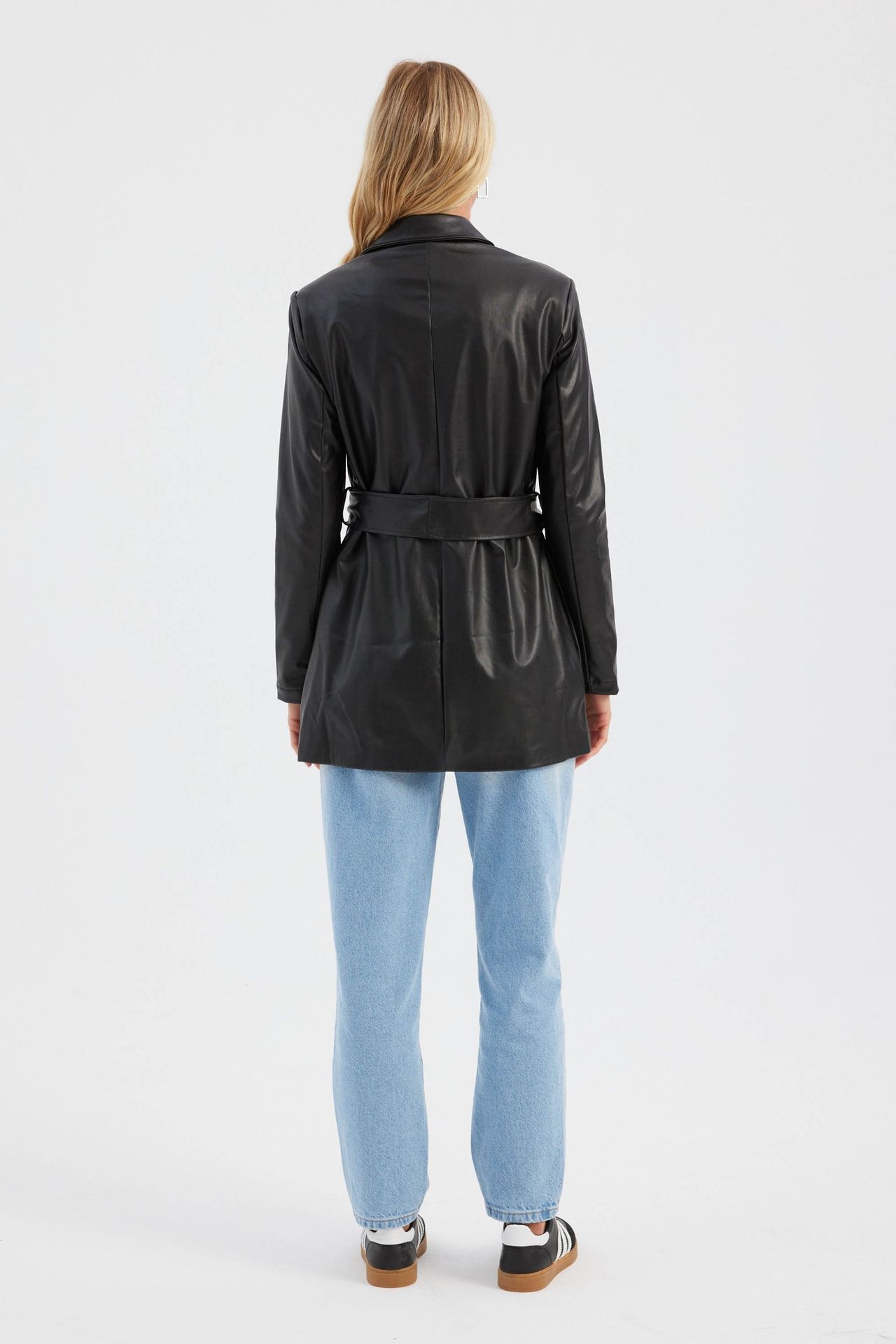 Faux Leather Long Jacket with a Belt Detail