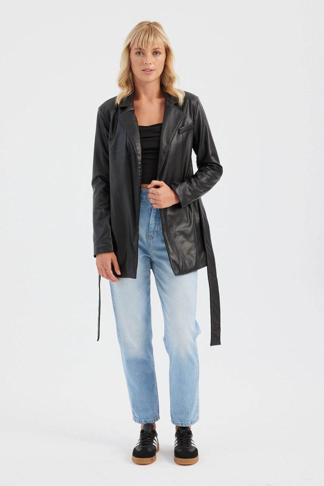 Faux Leather Long Jacket with a Belt Detail