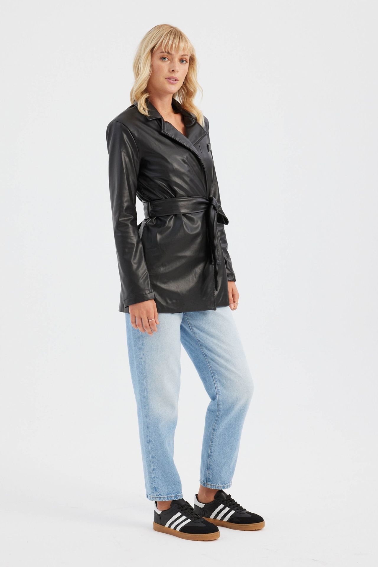 Faux Leather Long Jacket with a Belt Detail