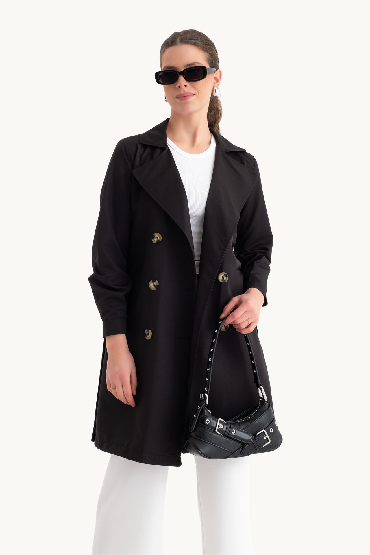 Buttoned Short Trenchcoat with a Belt