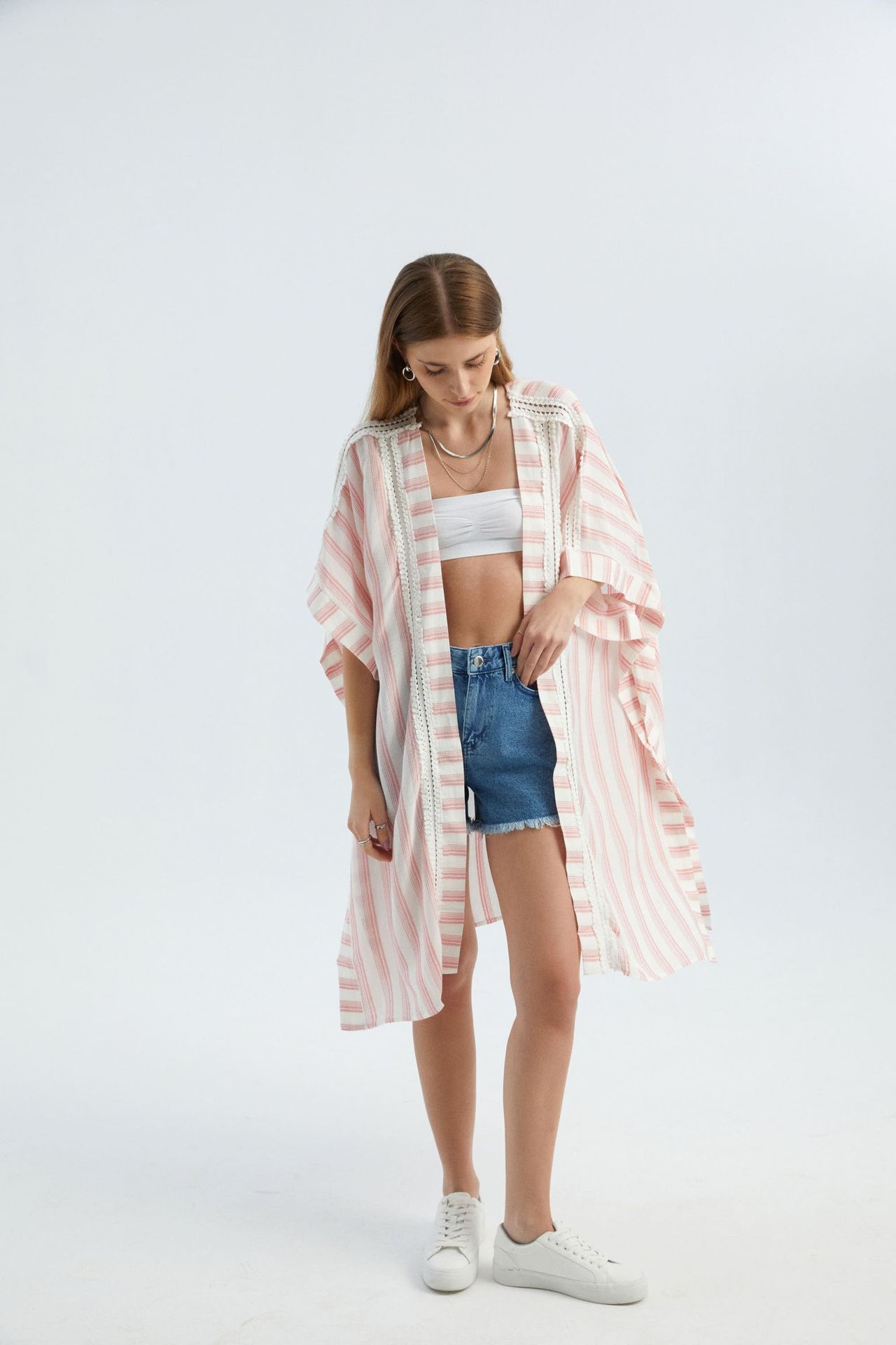 Striped Short Kimono with a Side Slit