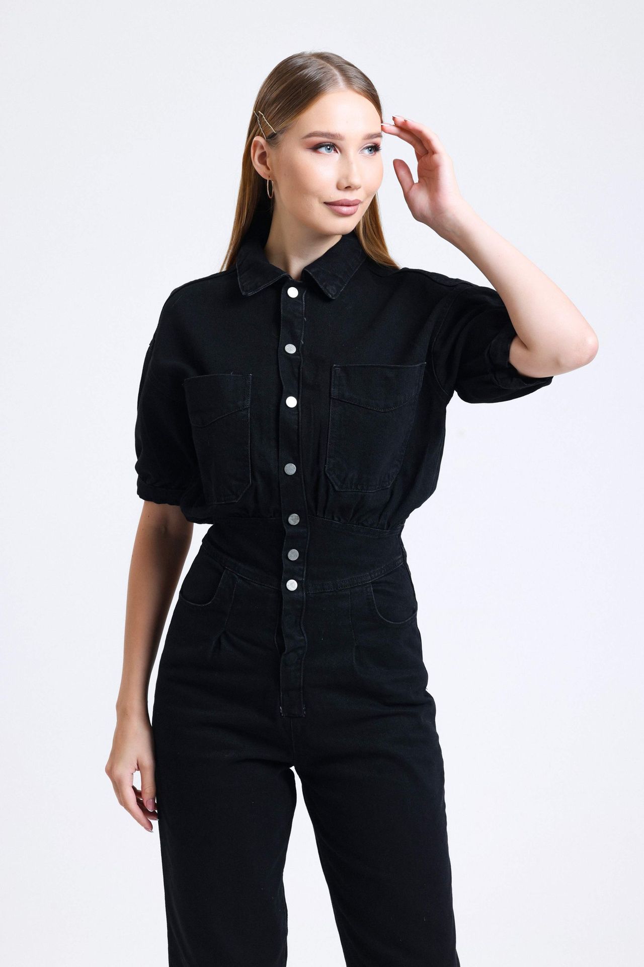 Polo Collar Buttoned Pocket Mom-fit Denim Jumpsuit