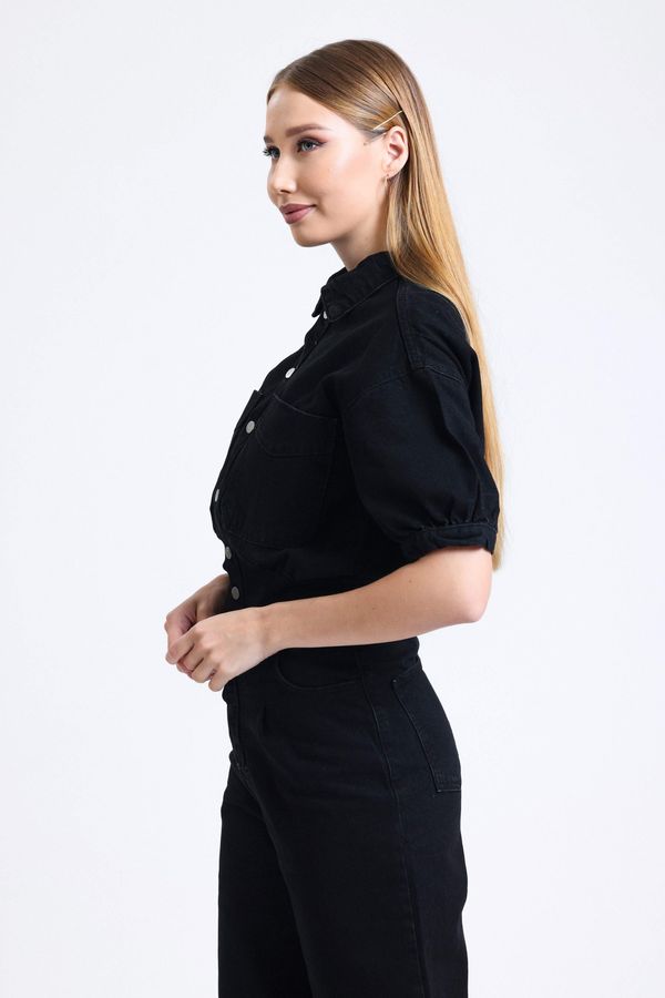 Polo Collar Buttoned Pocket Mom-fit Denim Jumpsuit 2