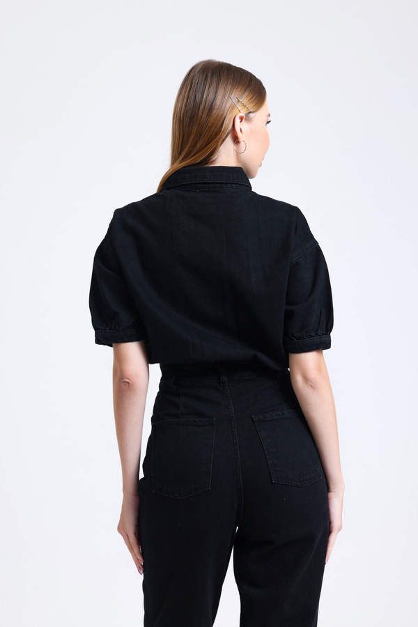 Polo Collar Buttoned Pocket Mom-fit Denim Jumpsuit 3