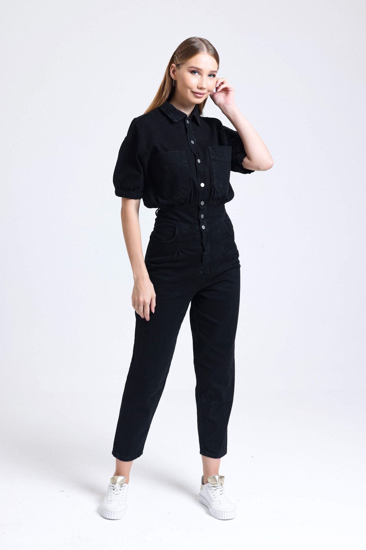 Polo Collar Buttoned Pocket Mom-fit Denim Jumpsuit