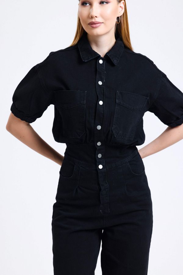 Polo Collar Buttoned Pocket Mom-fit Denim Jumpsuit 6