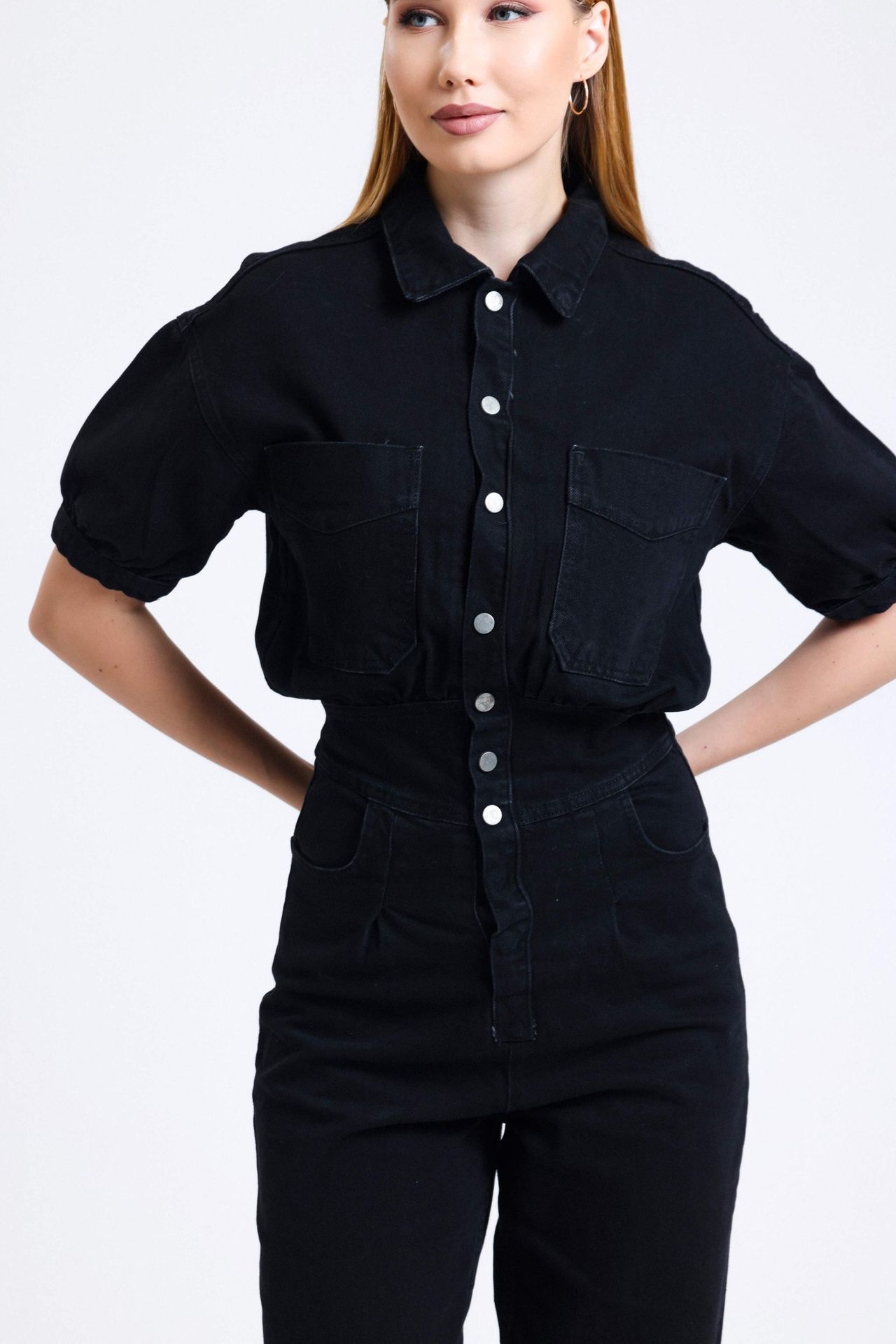 Polo Collar Buttoned Pocket Mom-fit Denim Jumpsuit