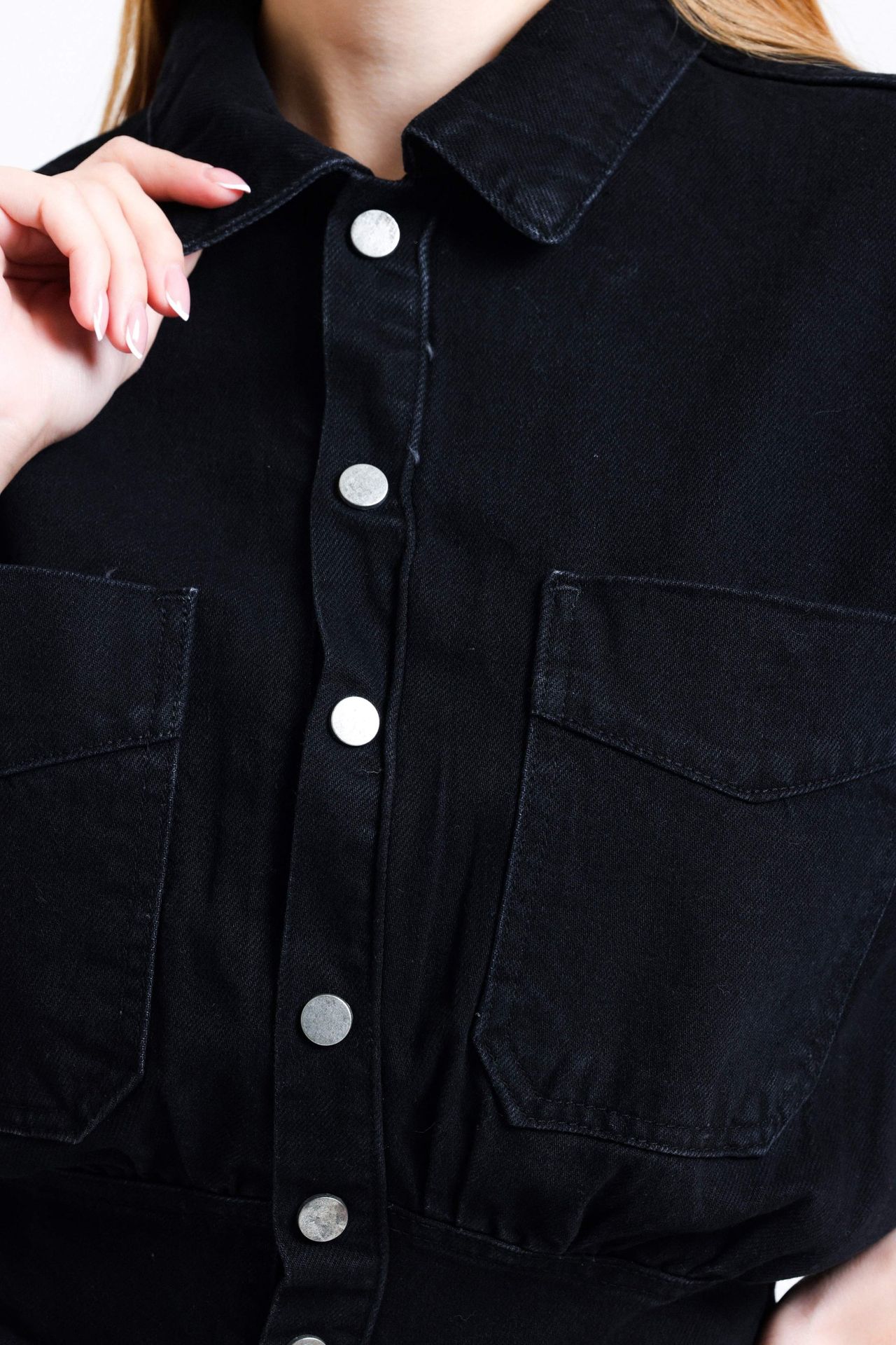 Polo Collar Buttoned Pocket Mom-fit Denim Jumpsuit