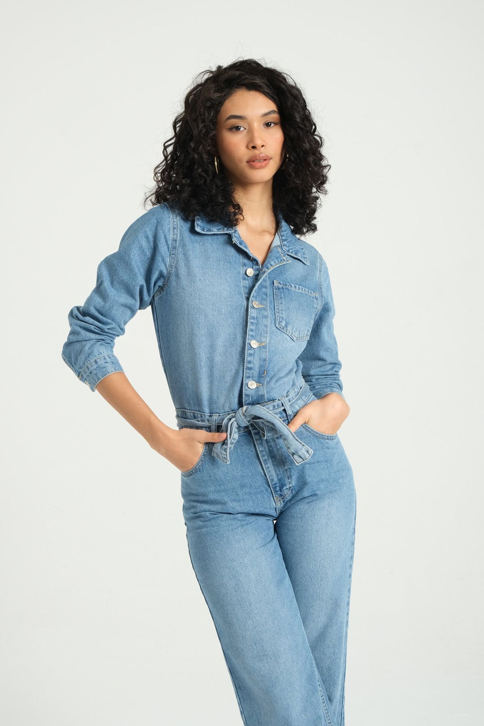 Polo Collar Buttoned Wide Leg Denim Jumpsuit with a Ribbon Belt