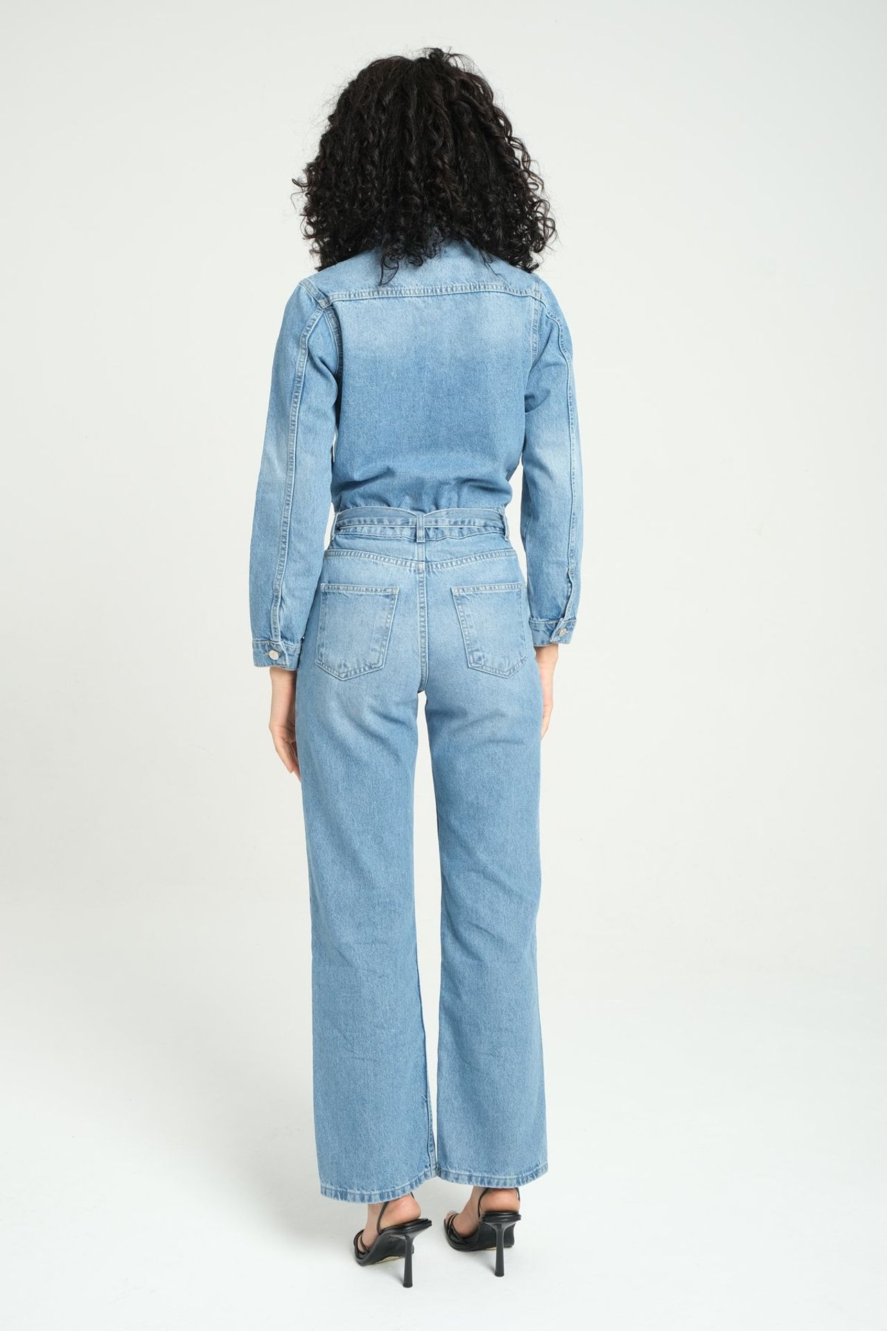 Polo Collar Buttoned Wide Leg Denim Jumpsuit with a Ribbon Belt
