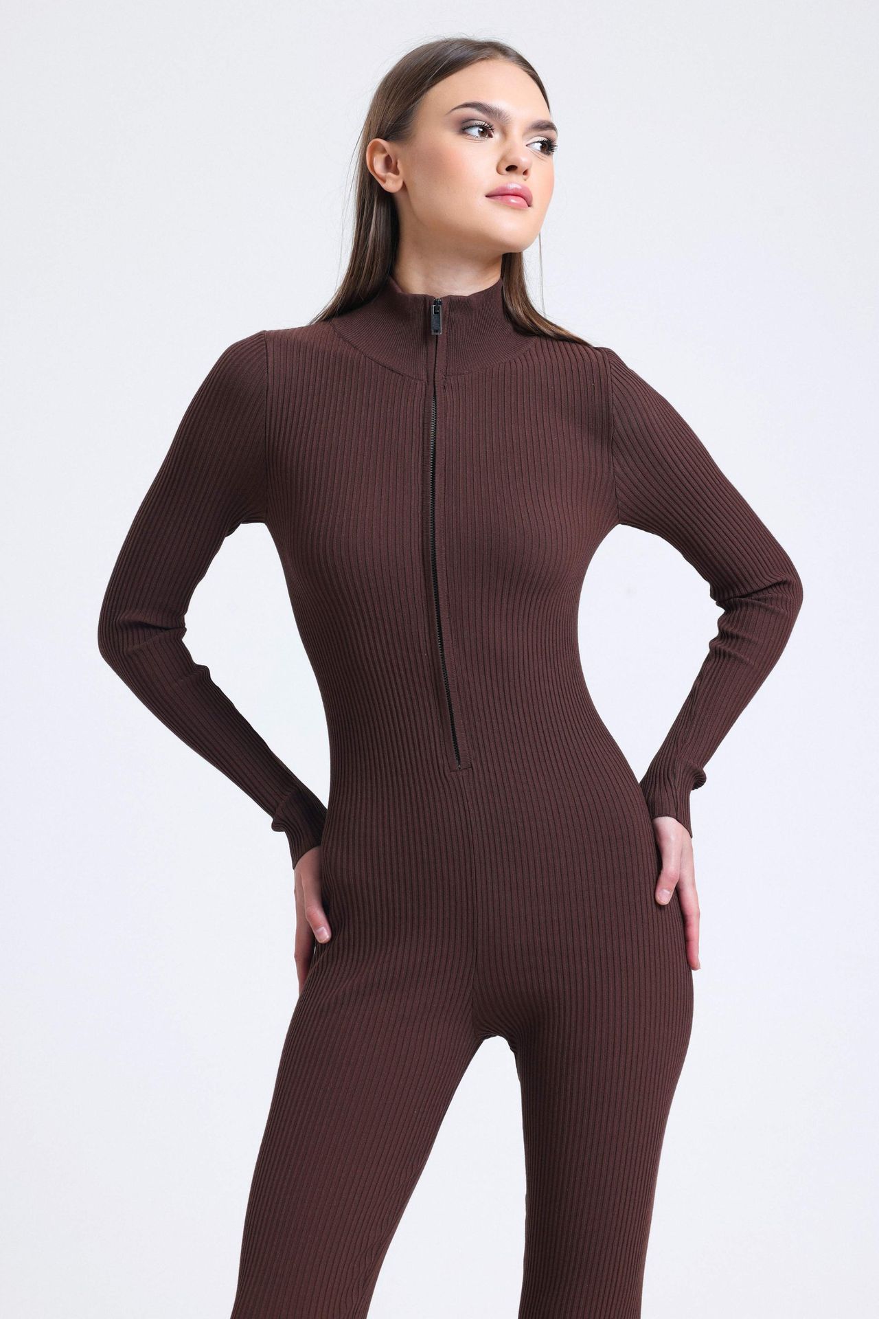 High Neck Ribbed Zippered Skinny Knitted Jumpsuit