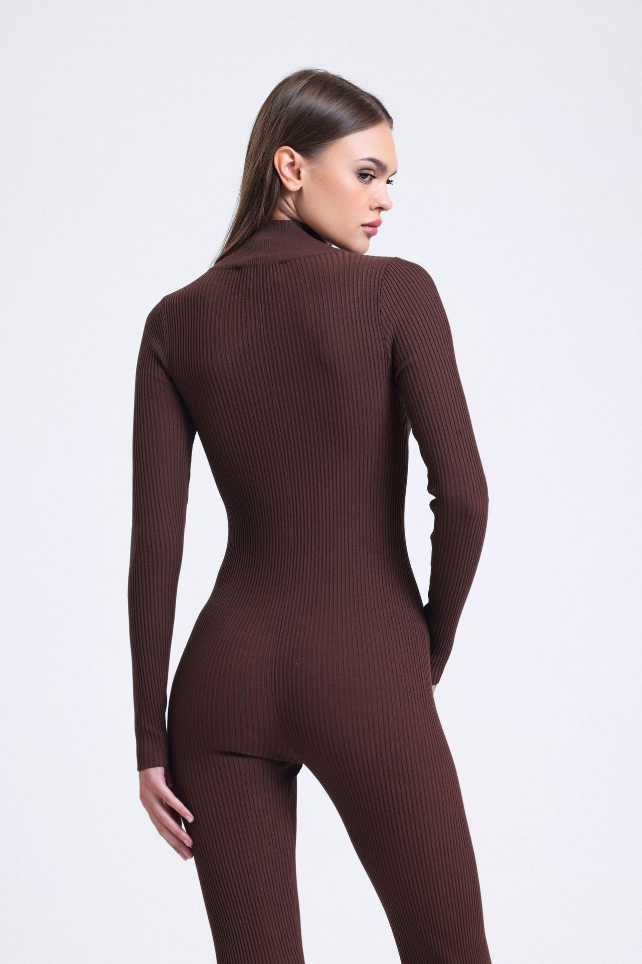 High Neck Ribbed Zippered Skinny Knitted Jumpsuit